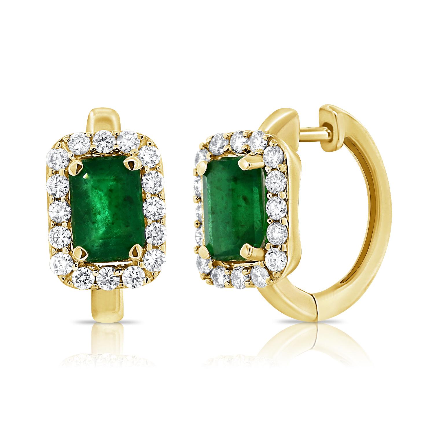 Emerald Cut 14K Gold Emerald & Diamond Huggie Earring For Sale