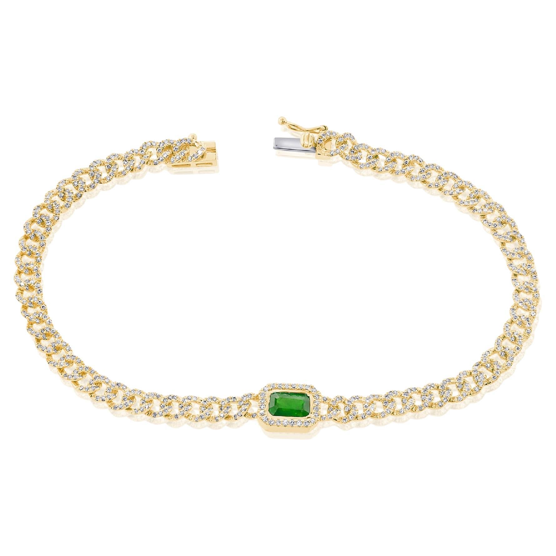 14K Gold Emerald & Diamond Link Bracelet For Sale