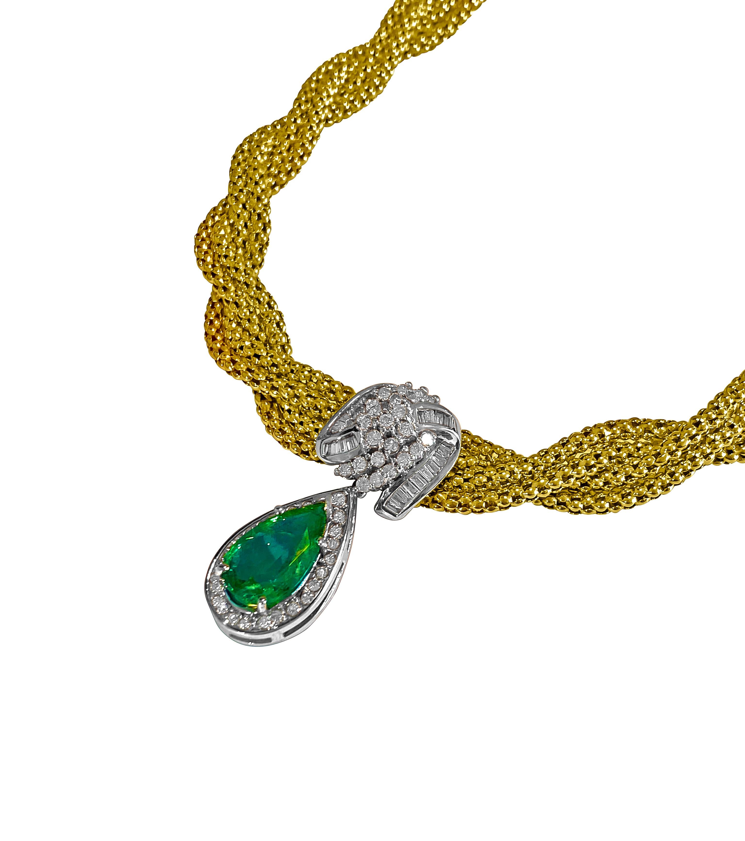 Emerald Cut 14k Gold Emerald Diamond Necklace Certified For Sale