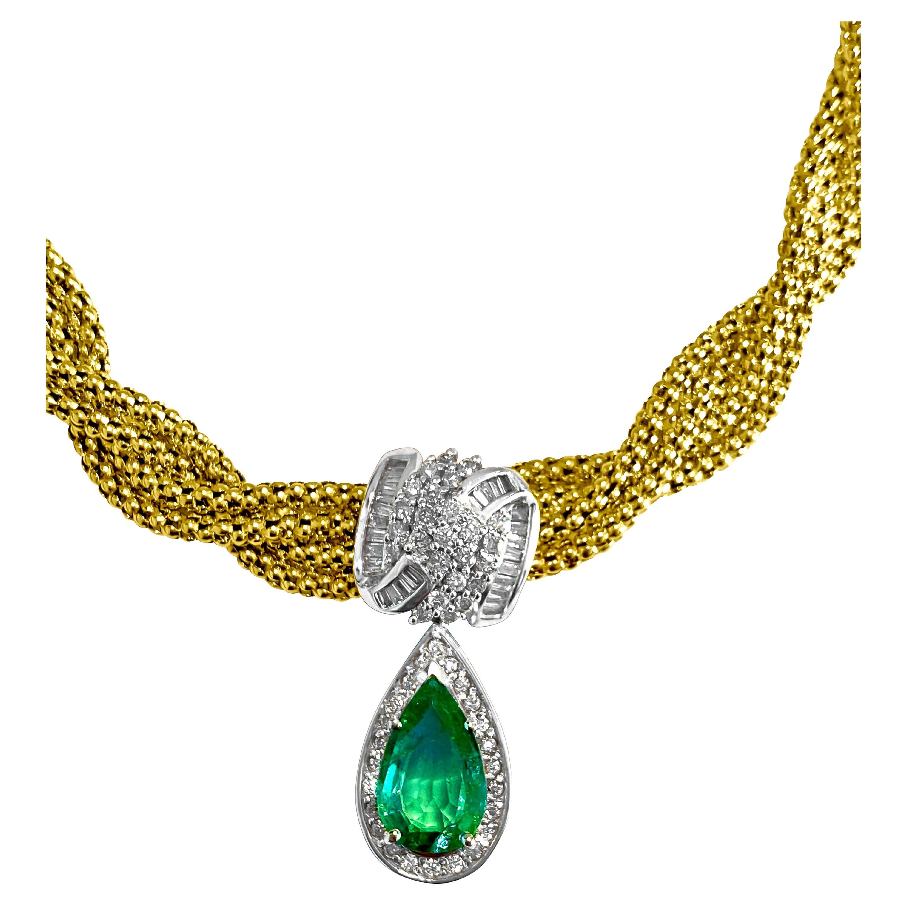 14k Gold Emerald Diamond Necklace Certified For Sale