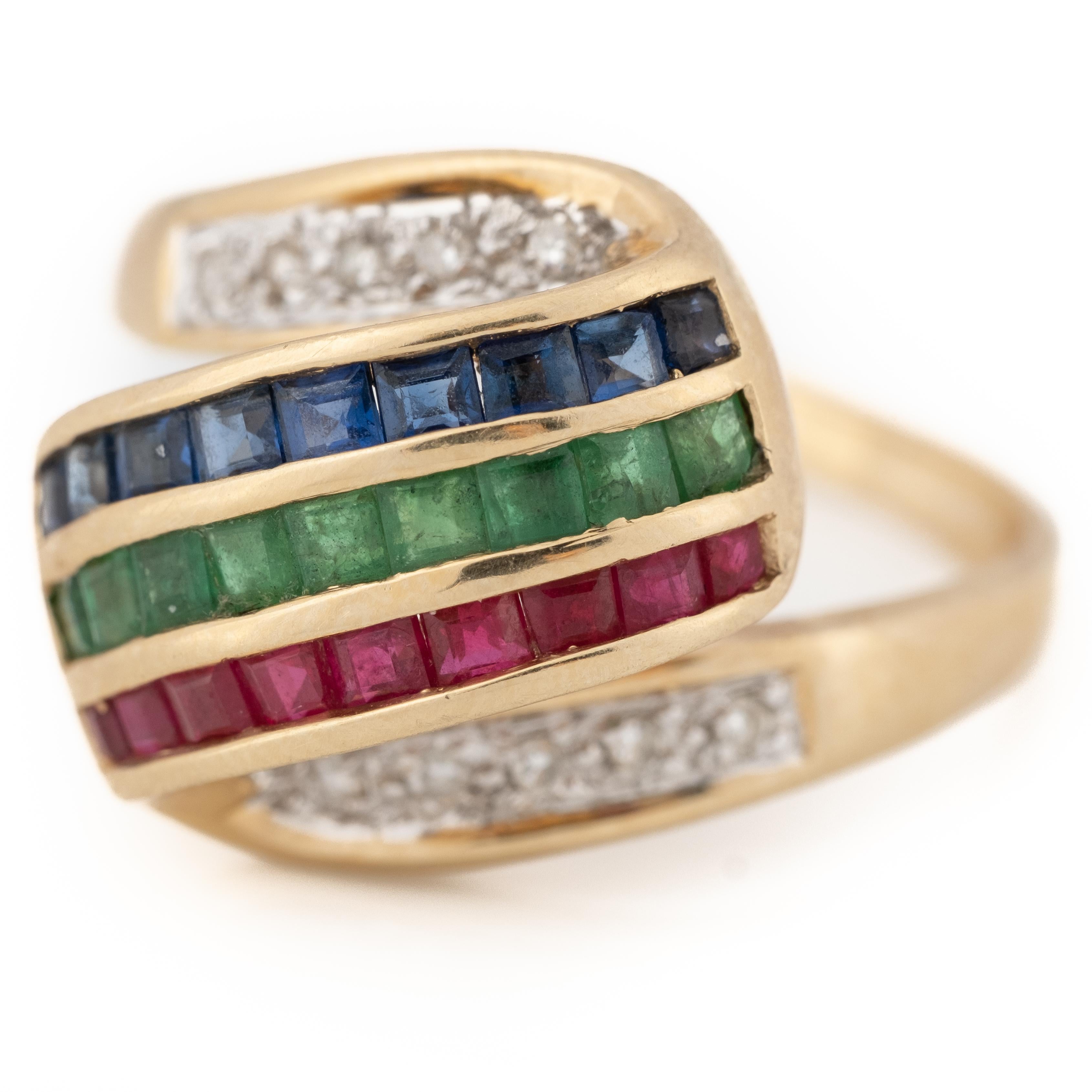 14k gold ring with ruby, emerald, sapphire and approx. 0.05ctw in diamonds. Ring size - 8.5, ring top is 17mm wide. marked: 585. Weight - 3.3 DWT.