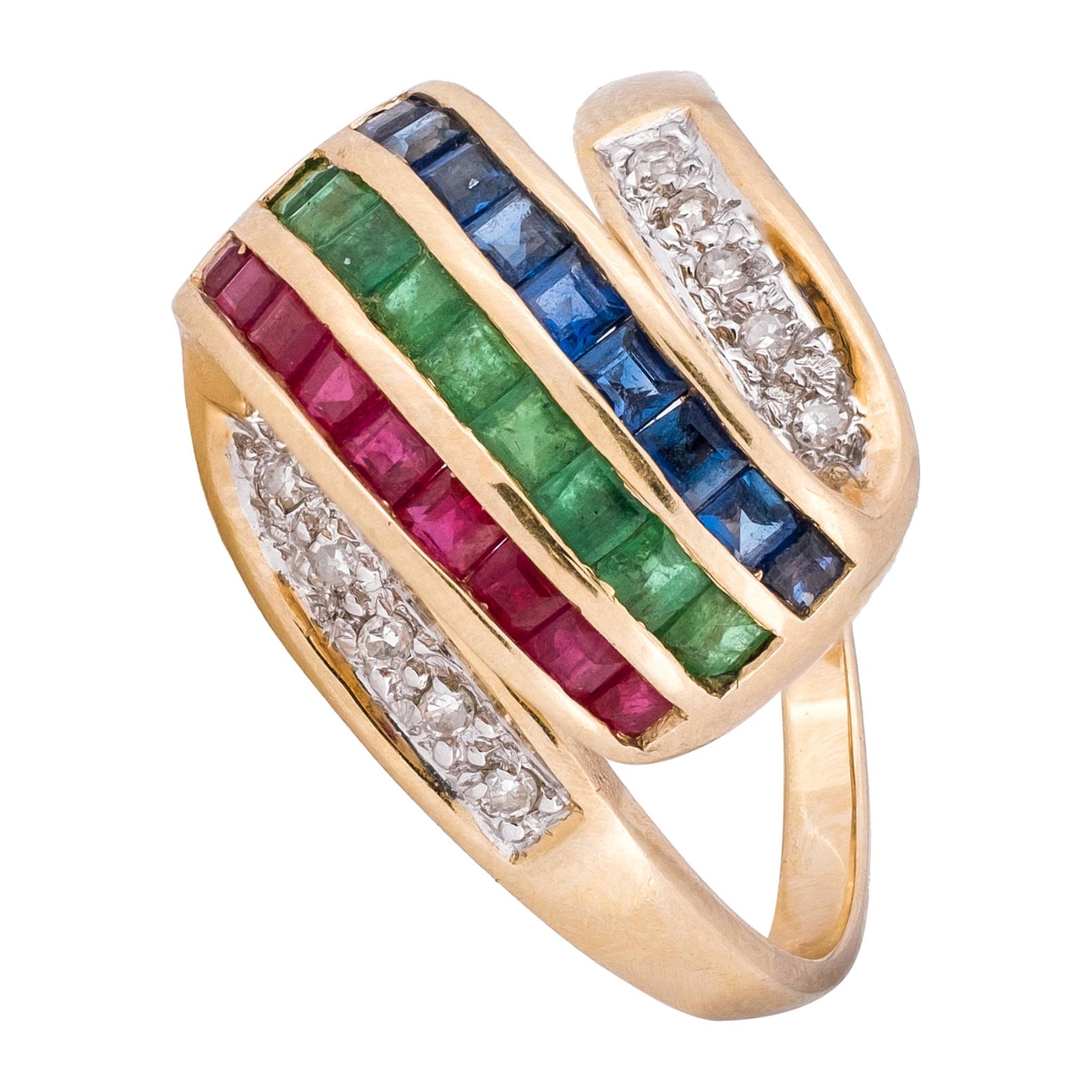 14k Gold Emerald Diamond Ruby Sapphire Ring