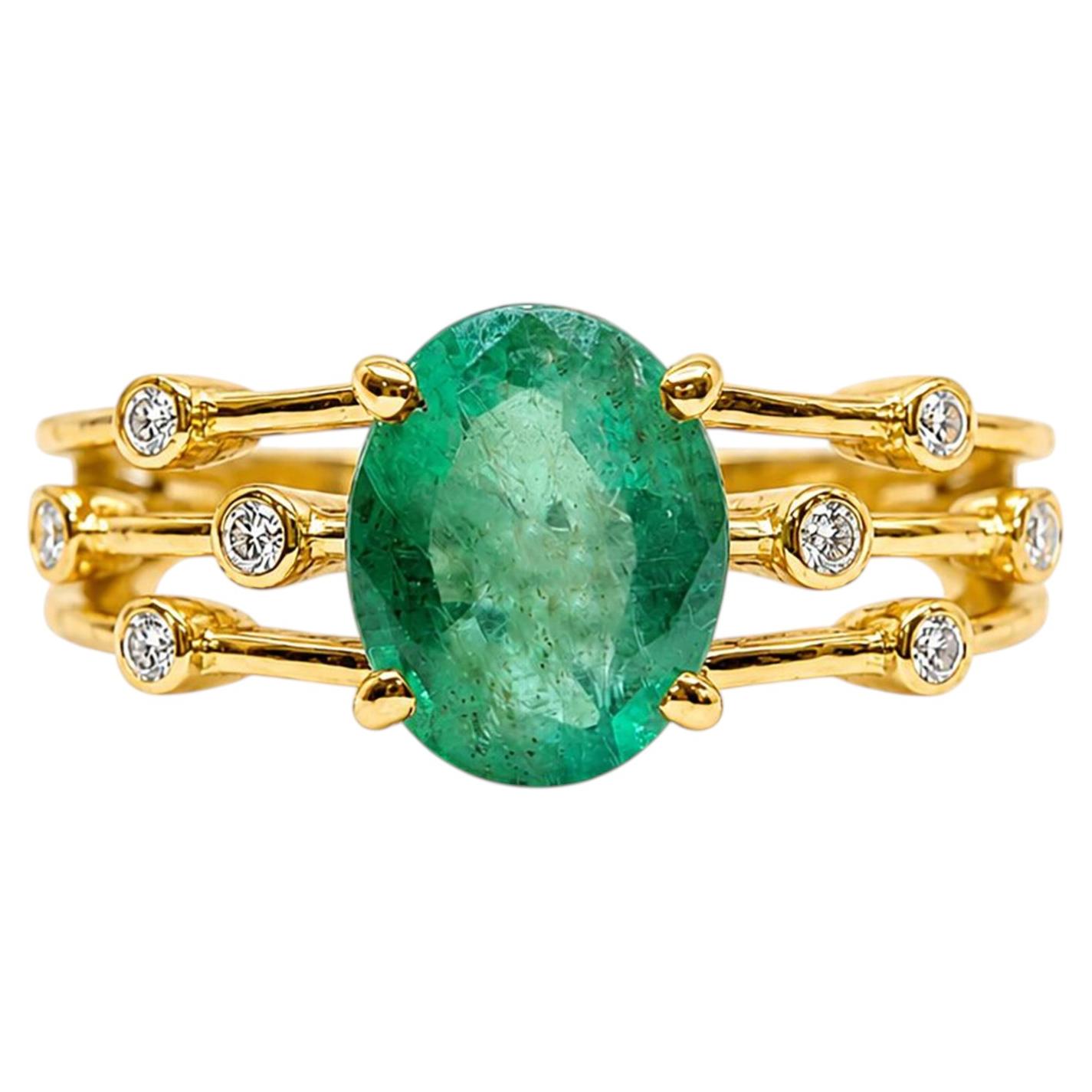 14k Gold Emerald Diamond Solitaire Ring 1.40 Ct Zambian Emerald with DiamondRing