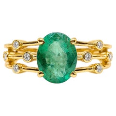 14k Gold Emerald Diamond Solitaire Ring 1.40 Ct Zambian Emerald with DiamondRing