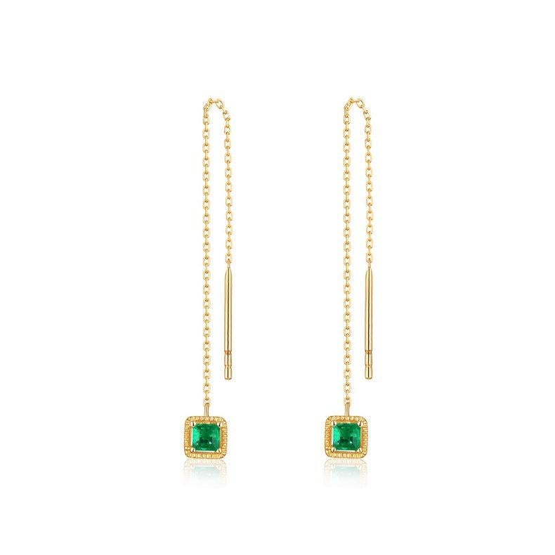 Orecchini a filo in oro giallo 14K con smeraldo quadrato In condizioni Nuovo in vendita a Los Angeles, CA
