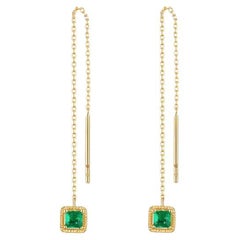 Square Emerald 14K Yellow Gold Threader Earrings