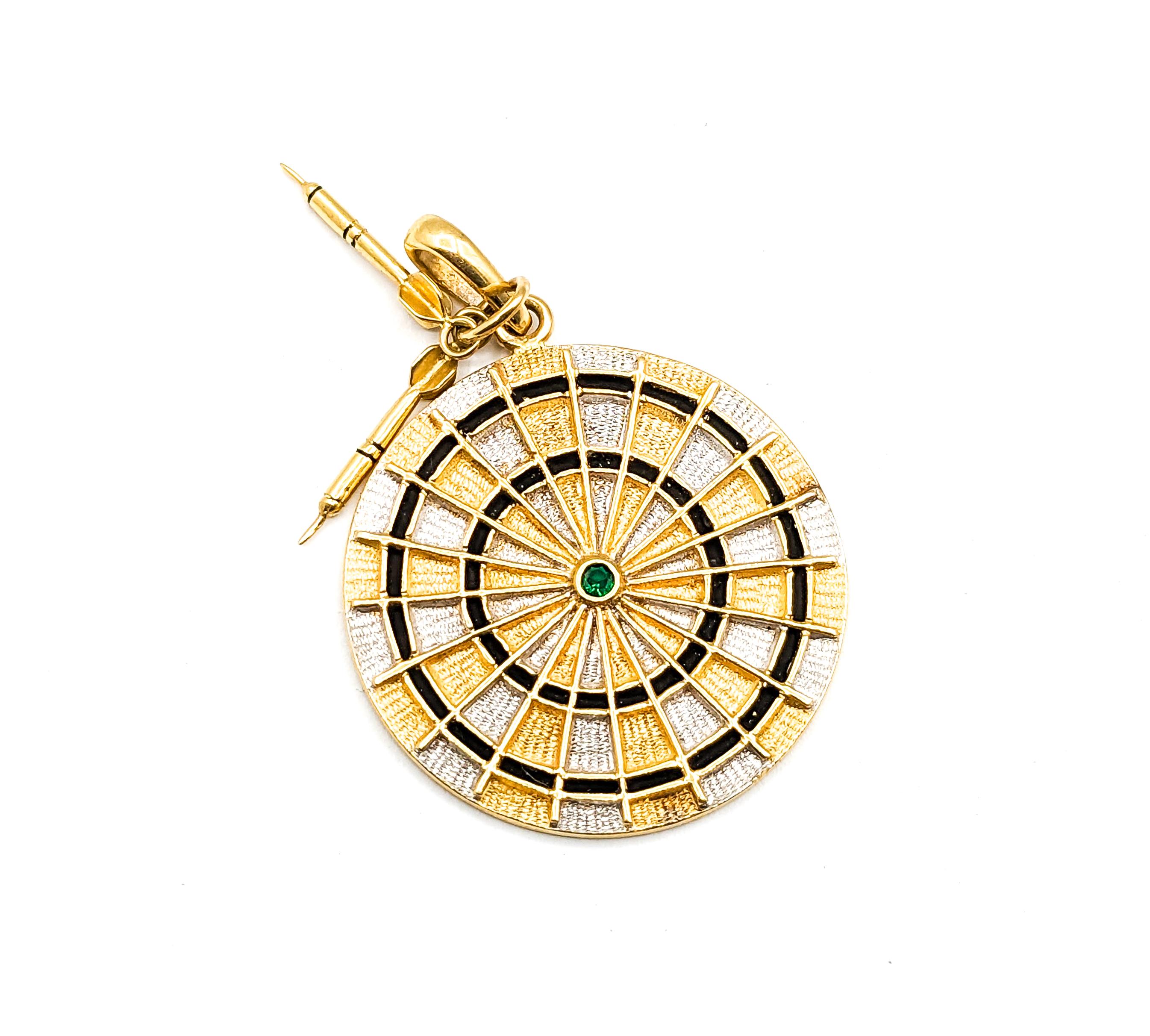 14K Gold, Emerald & Enamel Dartboard Pendant In Excellent Condition For Sale In Bloomington, MN