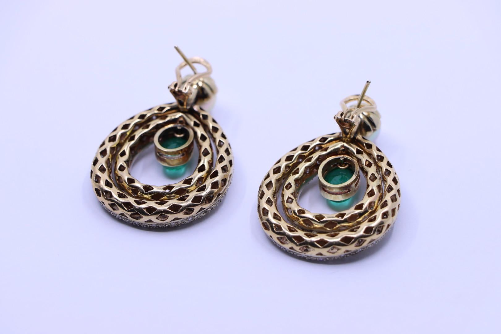 14K Gold Emerald Pearl Diamonds Earrings For Sale 5