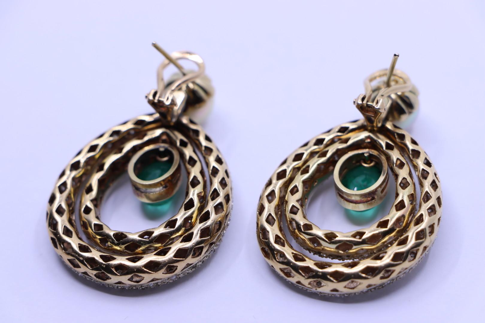 14K Gold Emerald Pearl Diamonds Earrings For Sale 6
