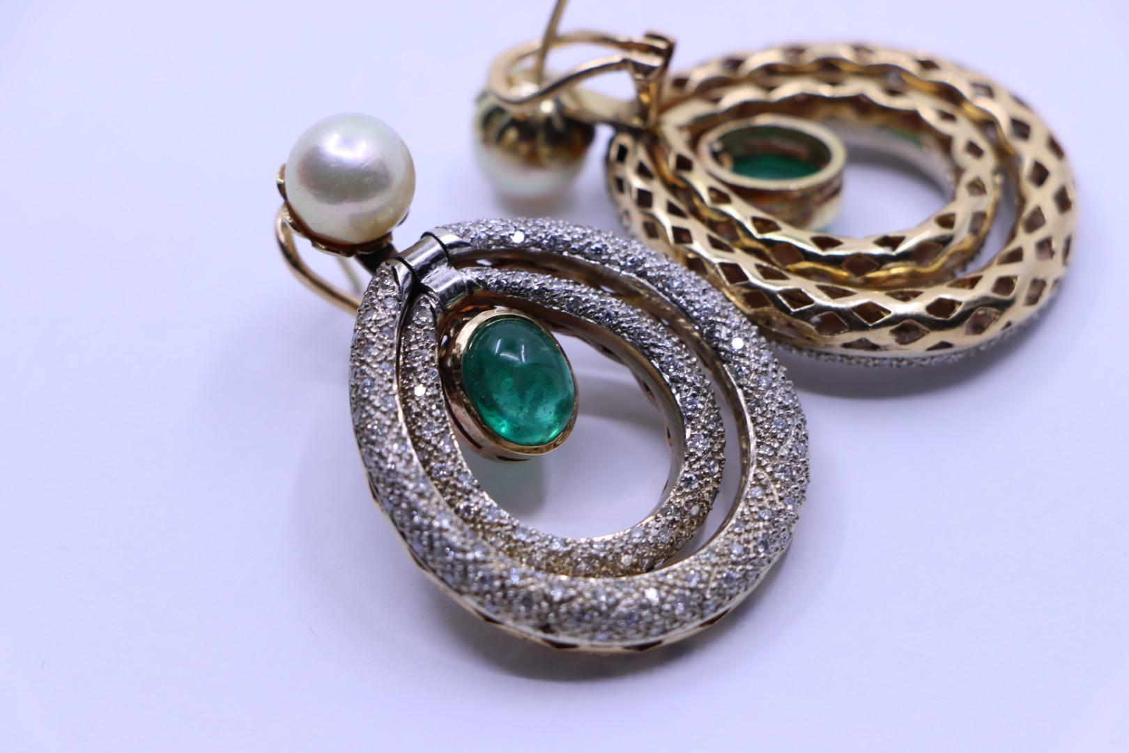 14K Gold Emerald Pearl Diamonds Earrings For Sale 7