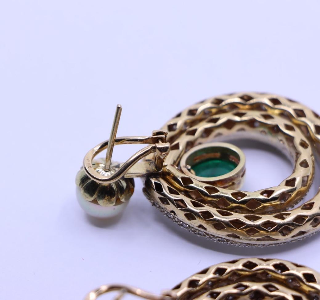 14K Gold Emerald Pearl Diamonds Earrings For Sale 8