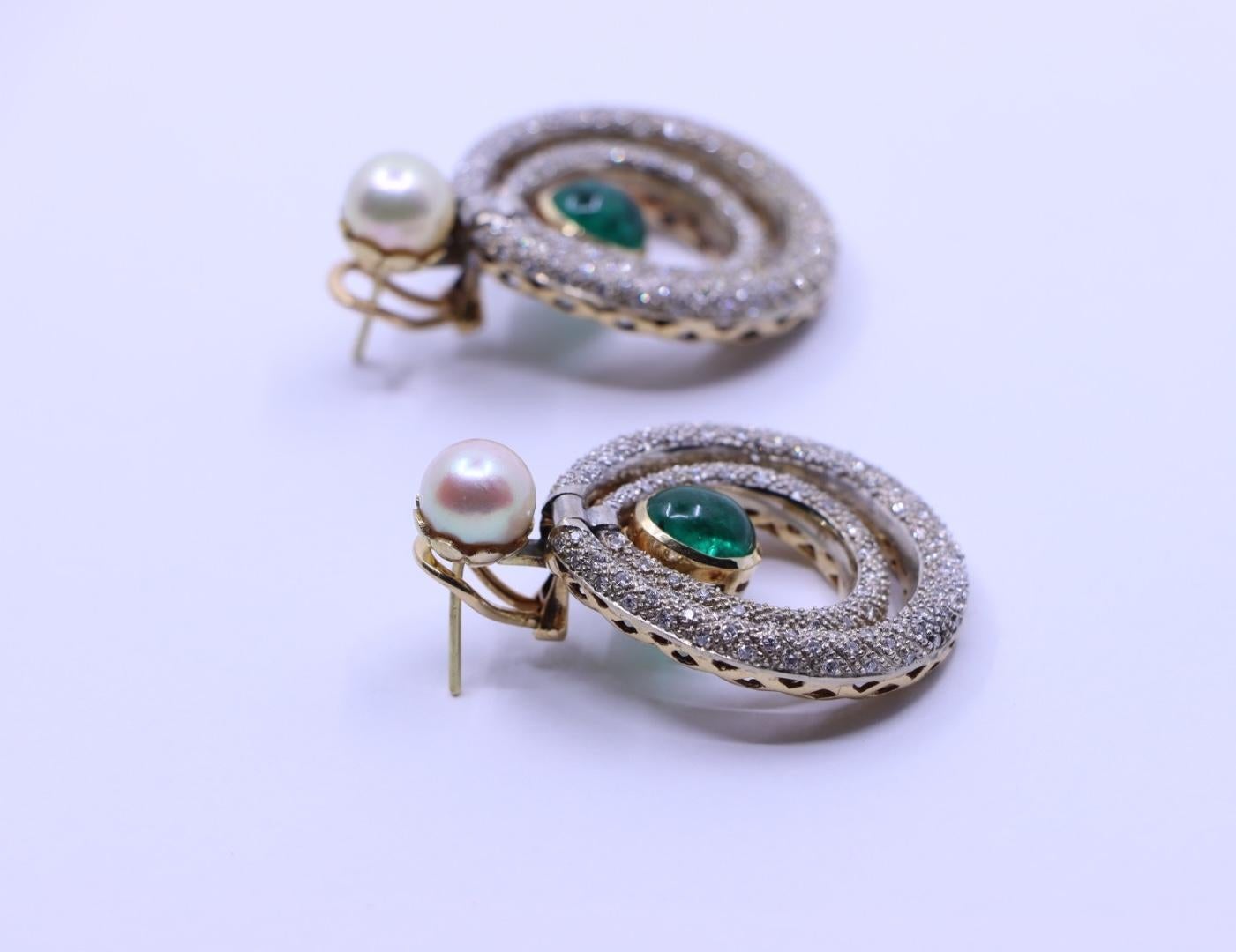 Women's or Men's 14K Gold Emerald Pearl Diamonds Earrings For Sale