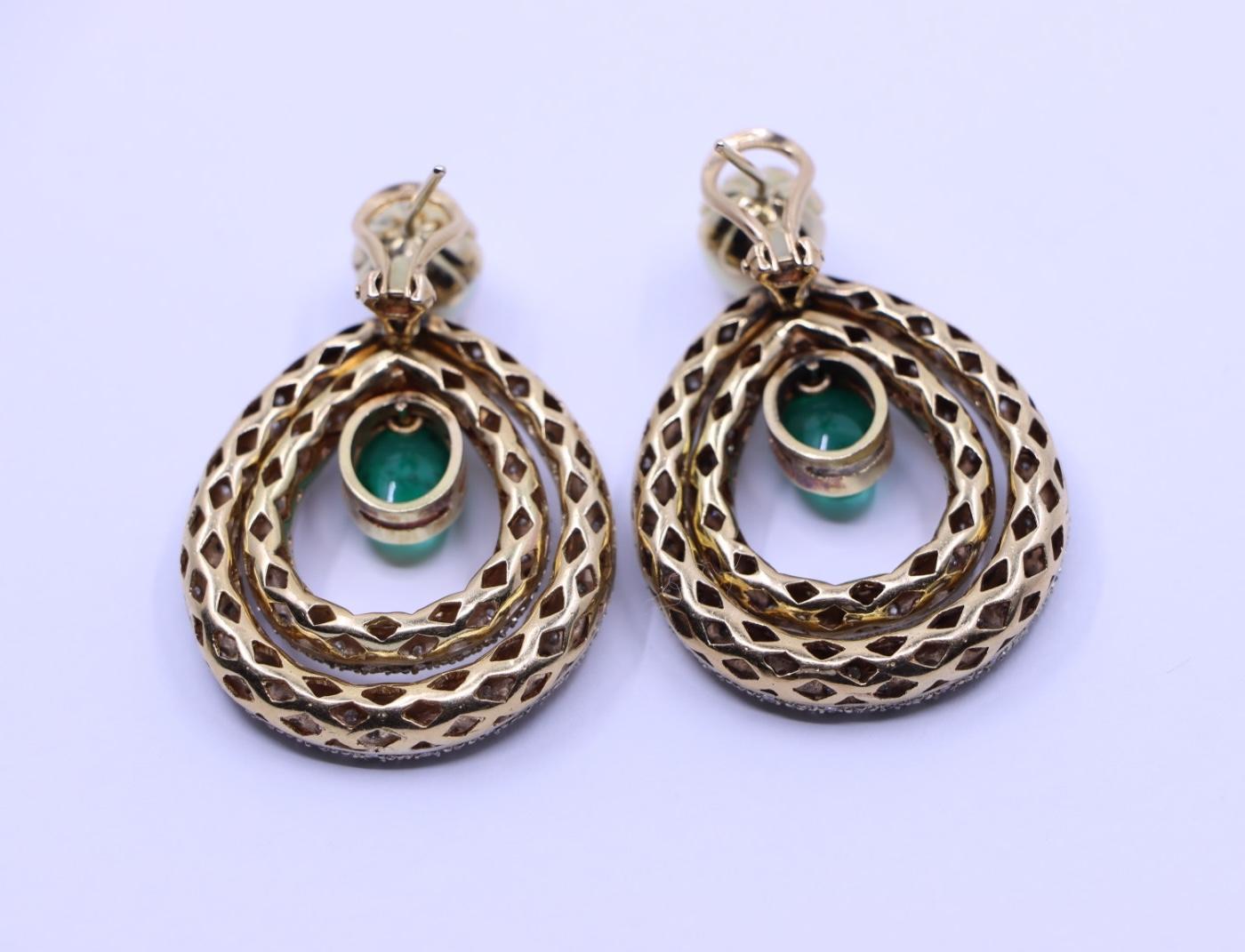 14K Gold Emerald Pearl Diamonds Earrings For Sale 1