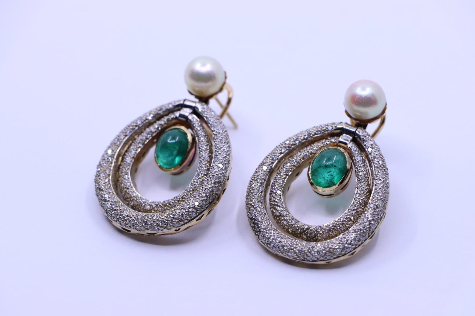 14K Gold Emerald Pearl Diamonds Earrings For Sale 3