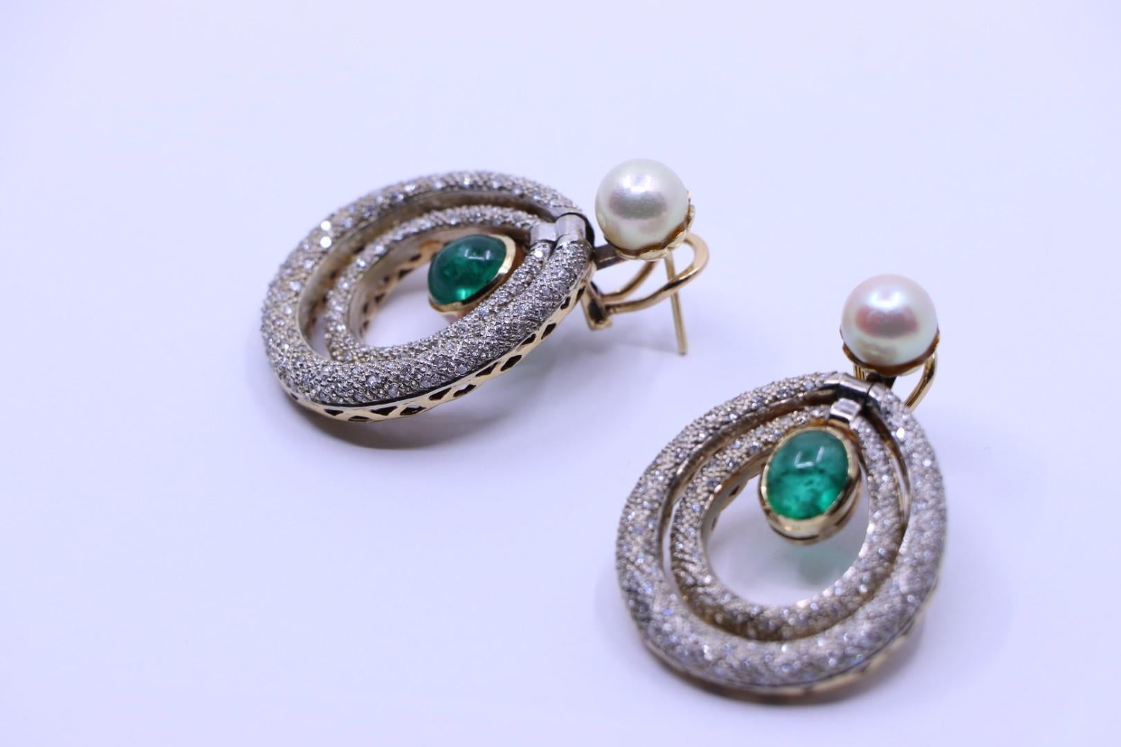 14K Gold Emerald Pearl Diamonds Earrings For Sale 4