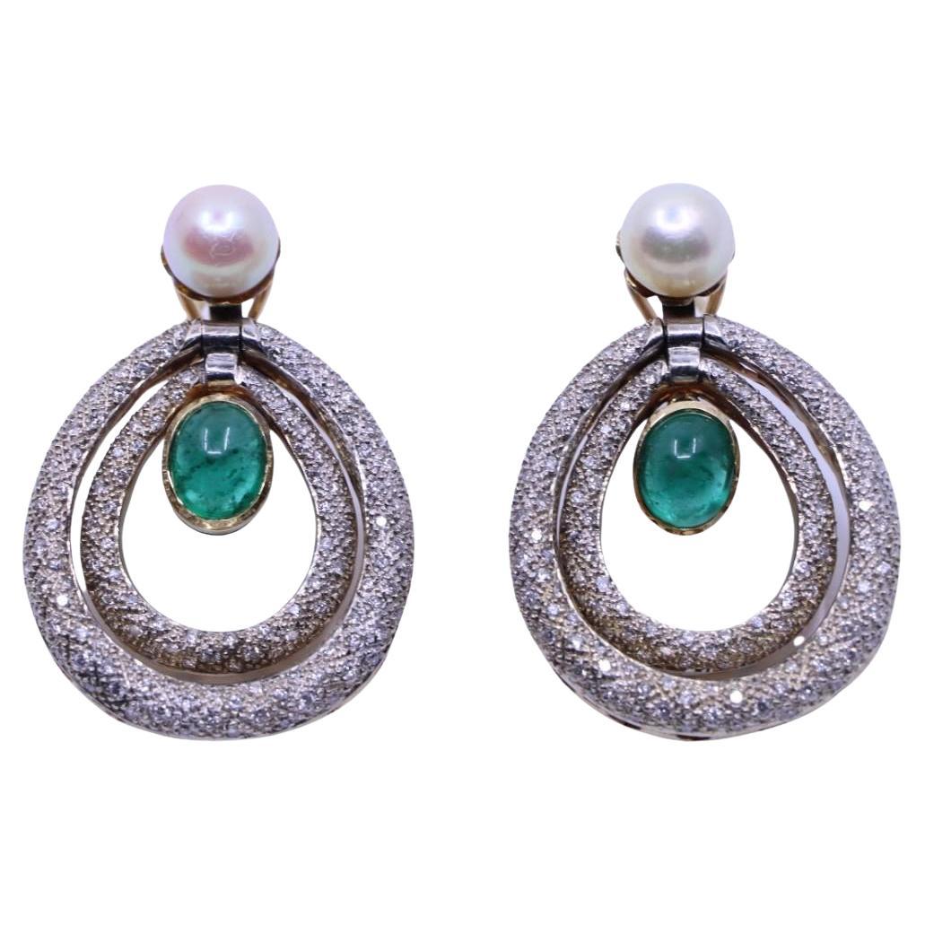 14K Gold Emerald Pearl Diamonds Earrings For Sale