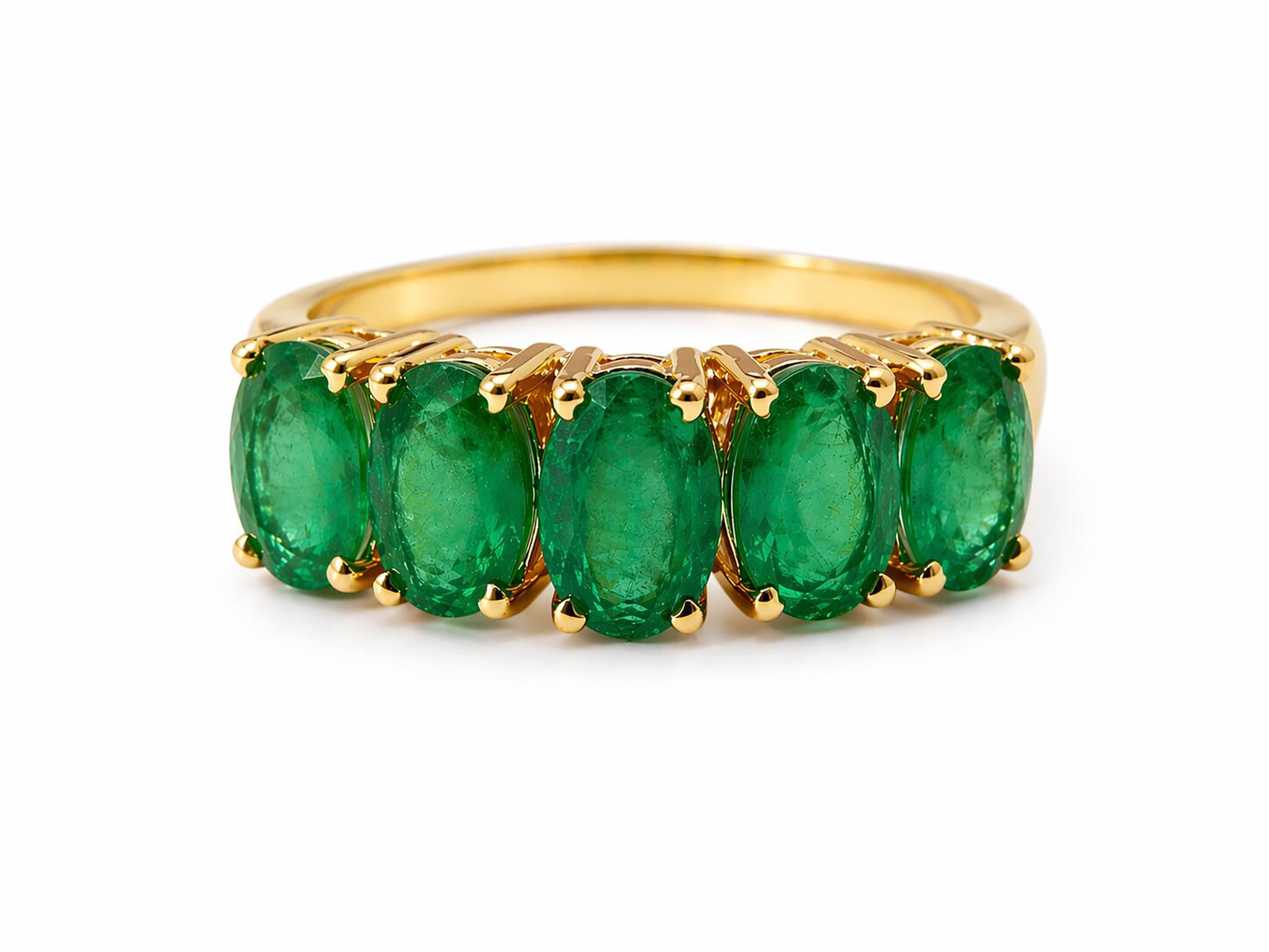 14K Gold Smaragd Ring 3,20 Ct natürlichen sambischen Smaragd fünf Stein Band handgefertigt