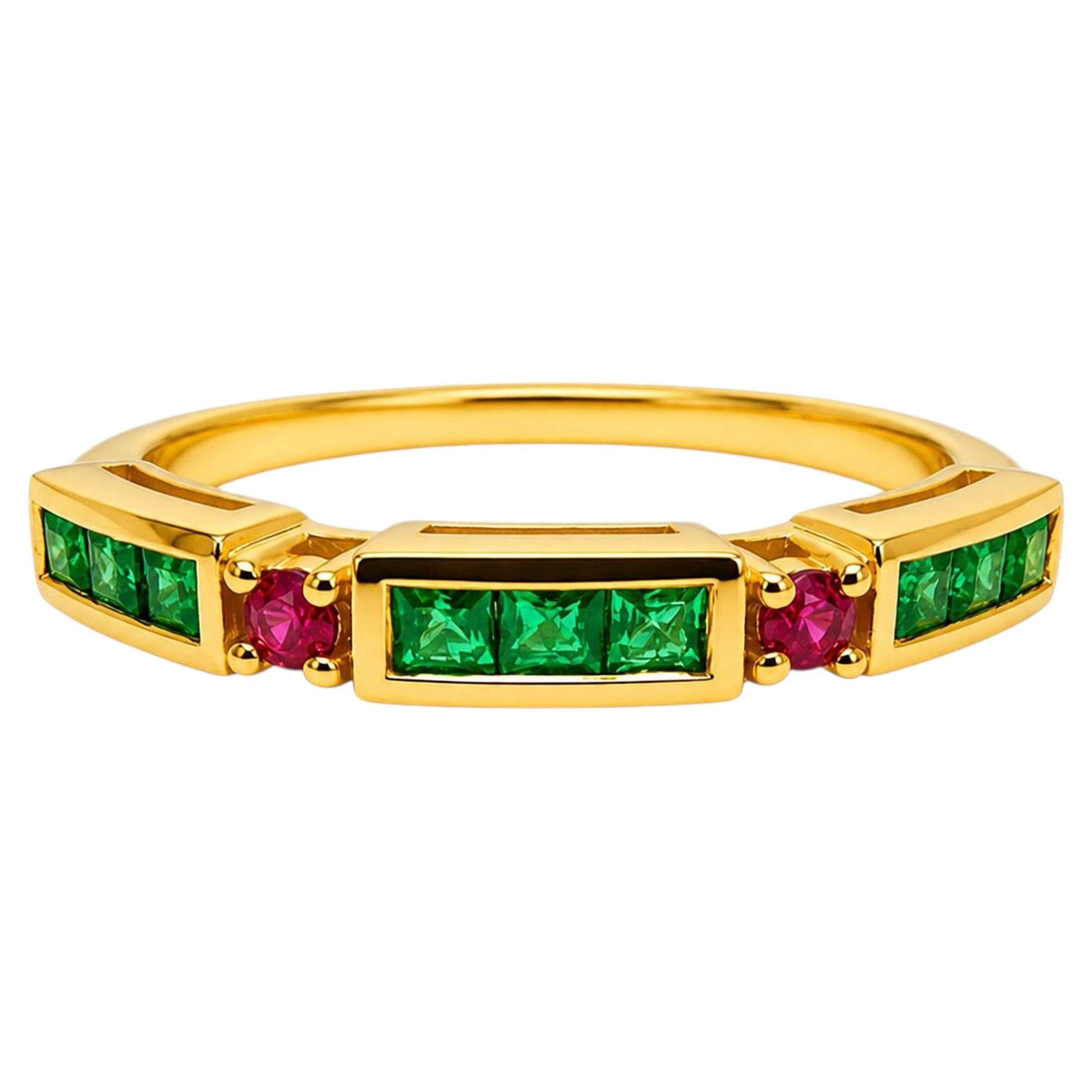 14K Gold Emerald Ring with Ruby Accents Minimalist Ruby Emerald Ring Unisex
