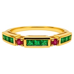 14K Gold Emerald Ring with Ruby Accents Minimalist Ruby Emerald Ring Unisex
