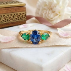 14K Gold Emerald Sapphire Three Stone Ring 1 Carat Sapphire Emerald Ring Women