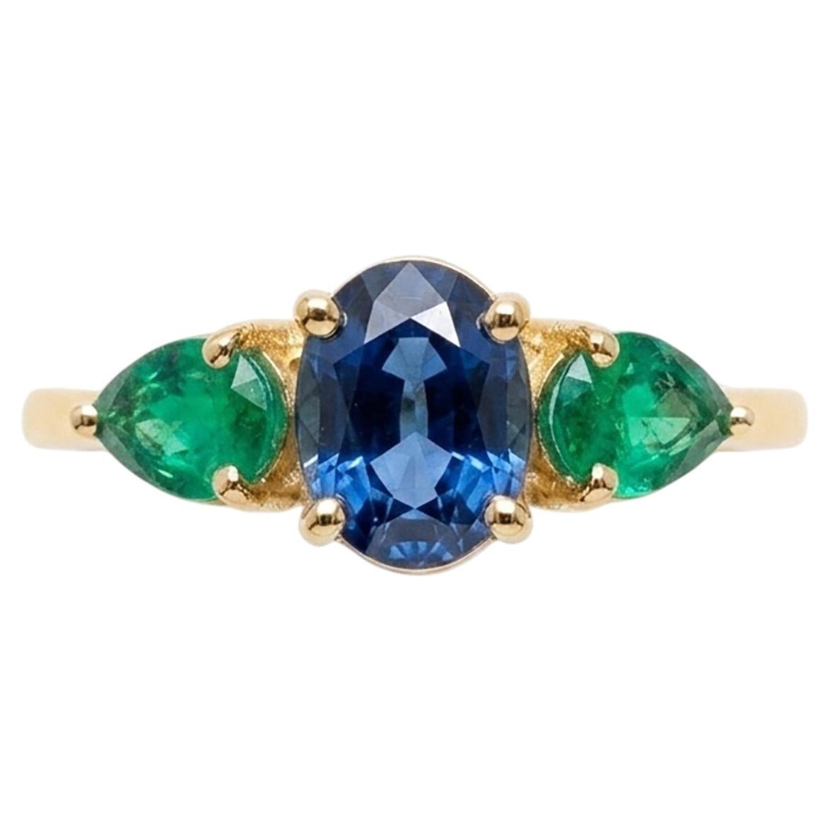 14K Gold Emerald Sapphire Three Stone Ring 1 Carat Sapphire Emerald Ring Women