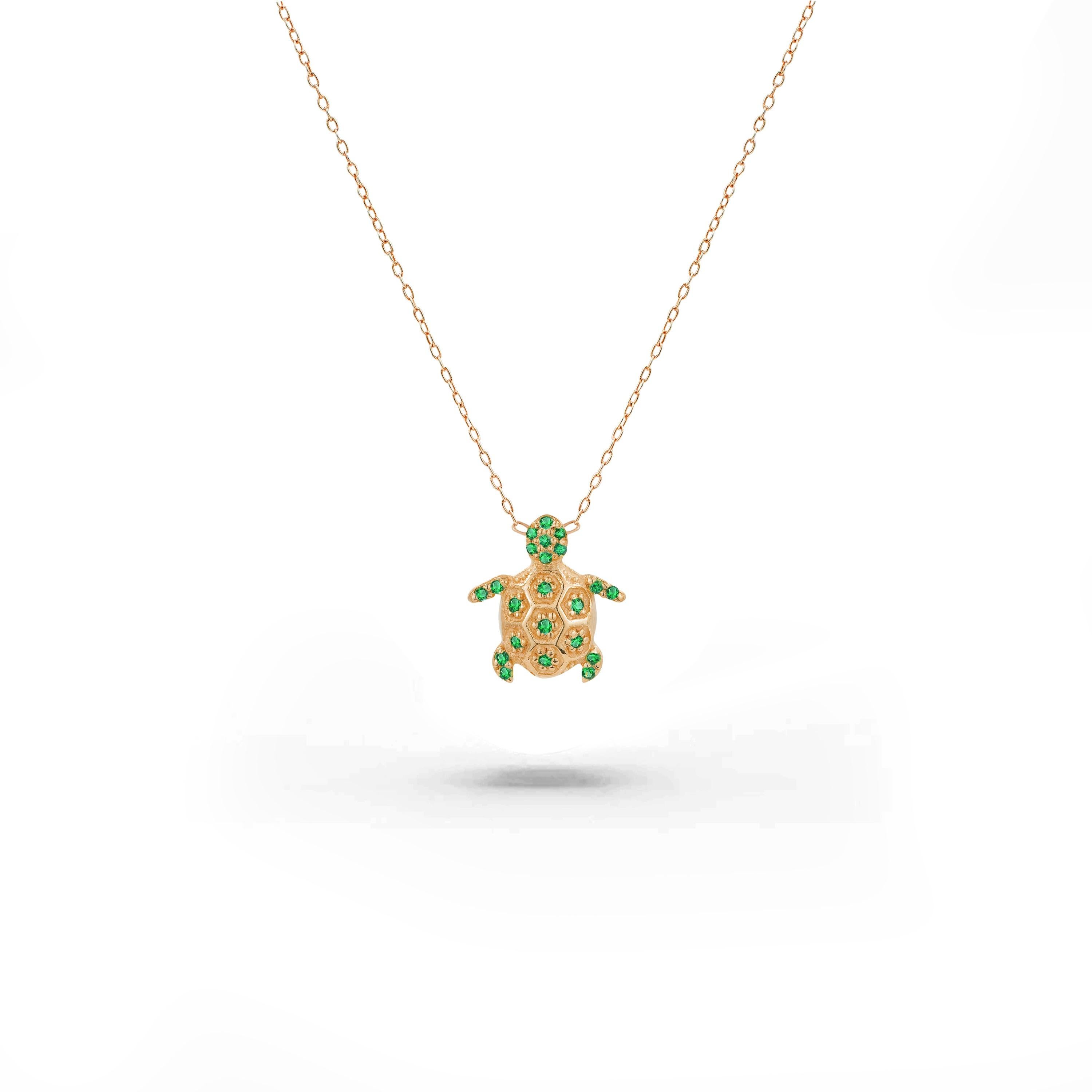 Emerald Turtle Necklace is made of 14k solid gold available in three colors, White Gold / Rose Gold / Yellow Gold.

Beautiful little minimalist necklace is adorned with natural AAA quality Emerald. Perfect for wearing by itself for a minimal