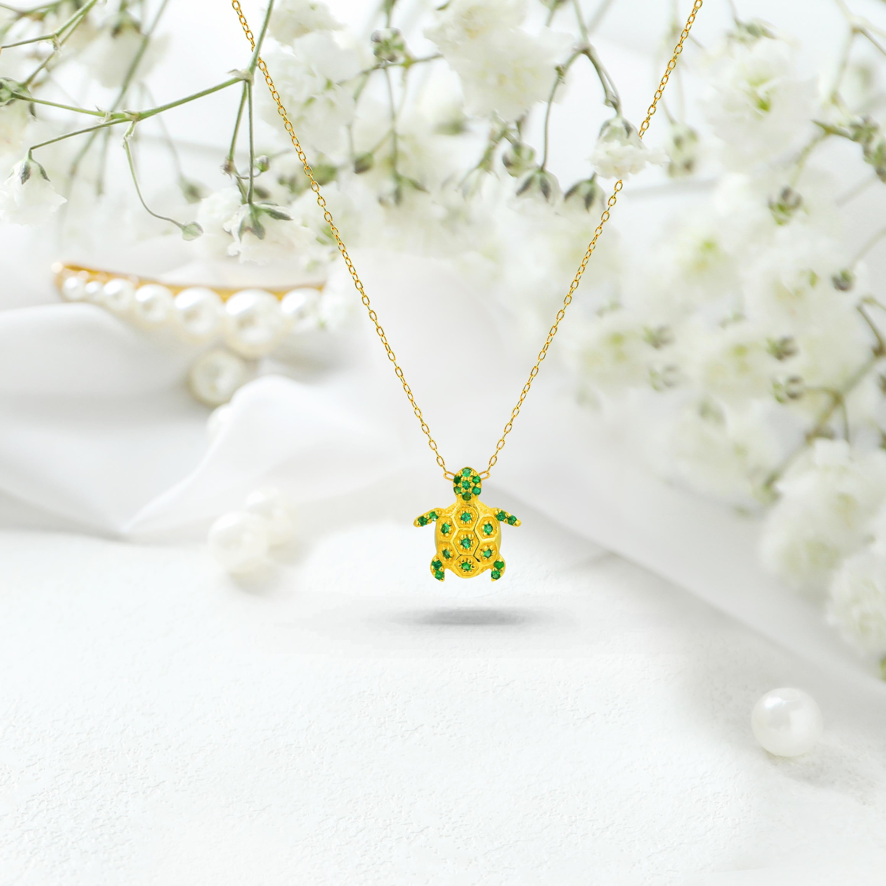 Modern 14k Gold Emerald Turtle Necklace Birthstone Gift For Sale