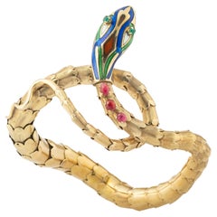 14K Gold, Enamel, and Gem-Set Snake Bracelet, Circa 1950's