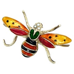 14k Gold Enamel and Pearl Insect Brooch