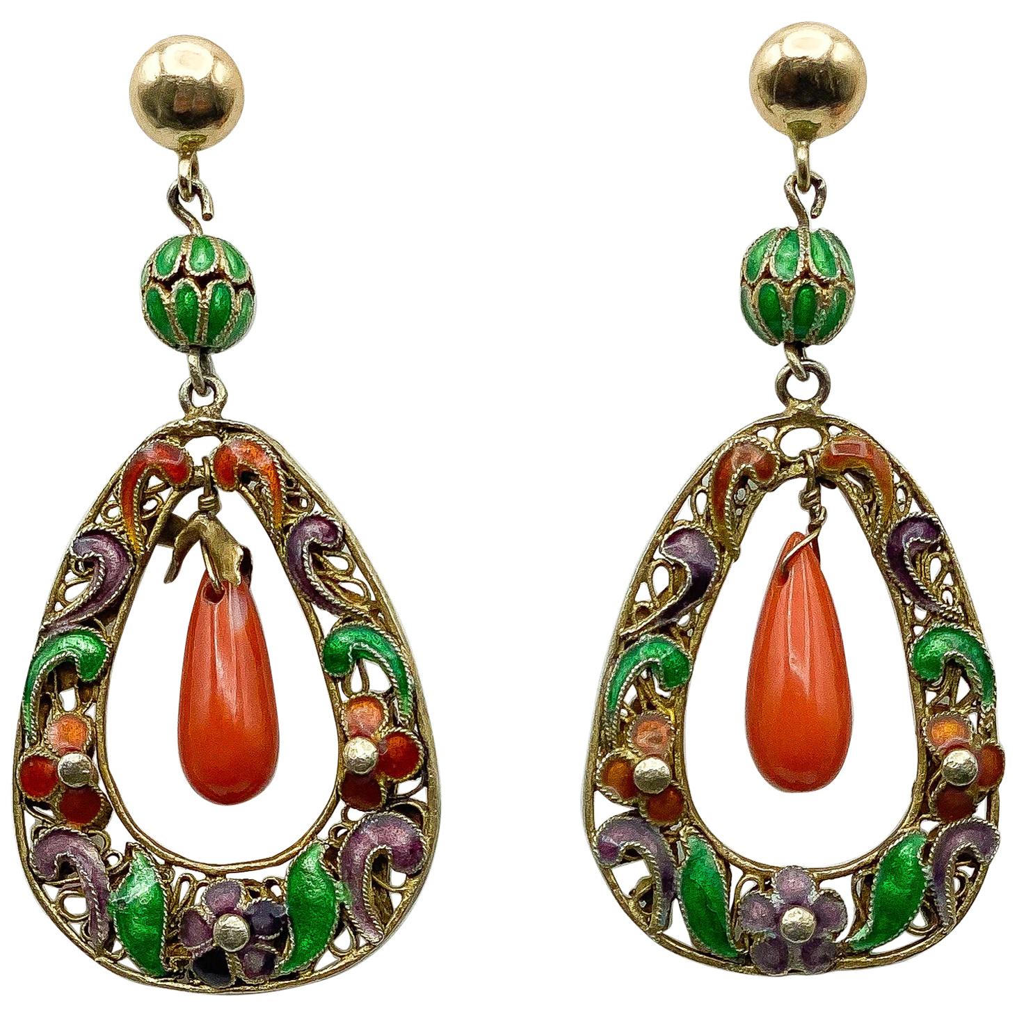 14K Gold Enamel & Coral Earrings
