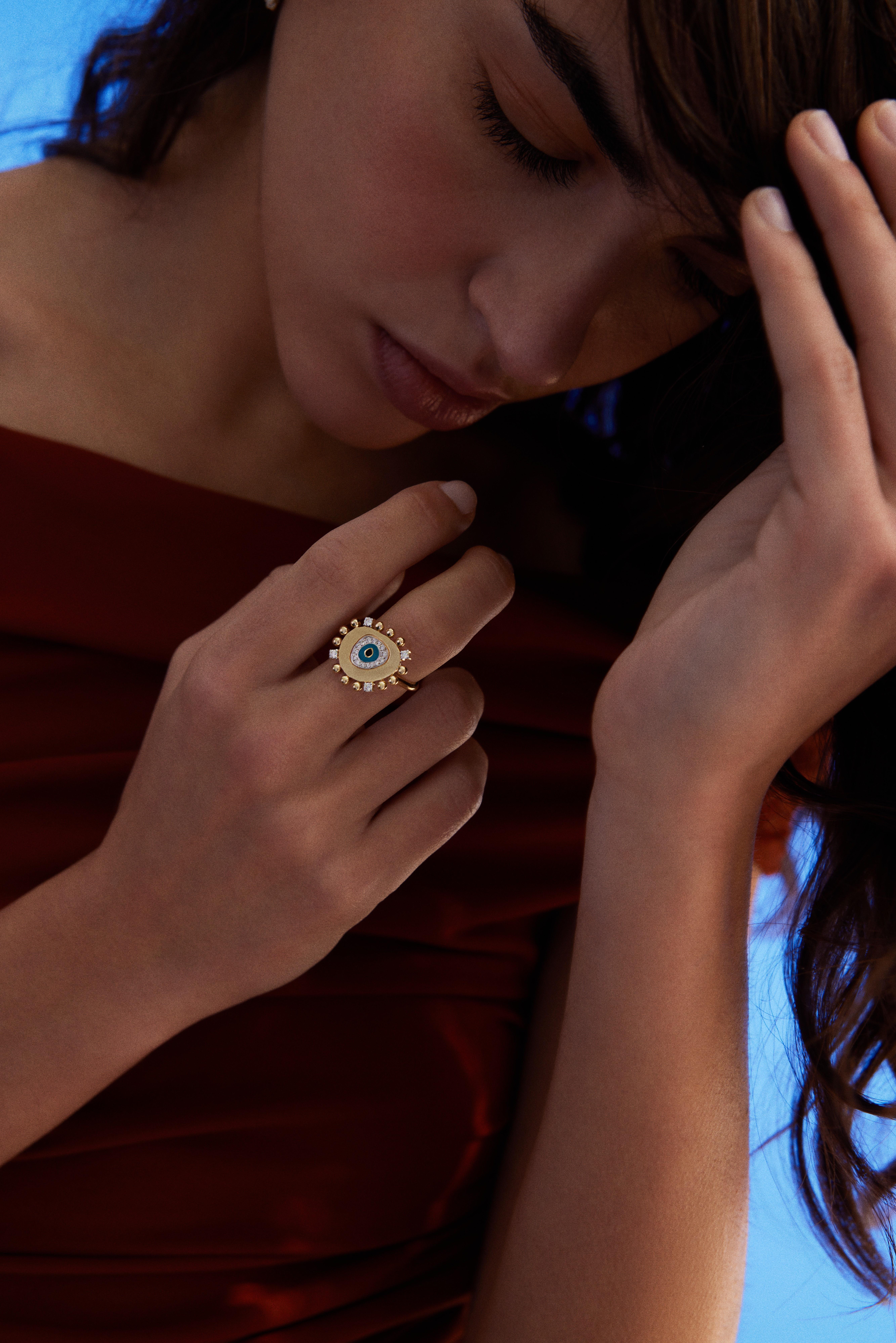 For Sale:  14k Gold & Enamel Evil Eye Ring with 0.25 ct Diamonds 2