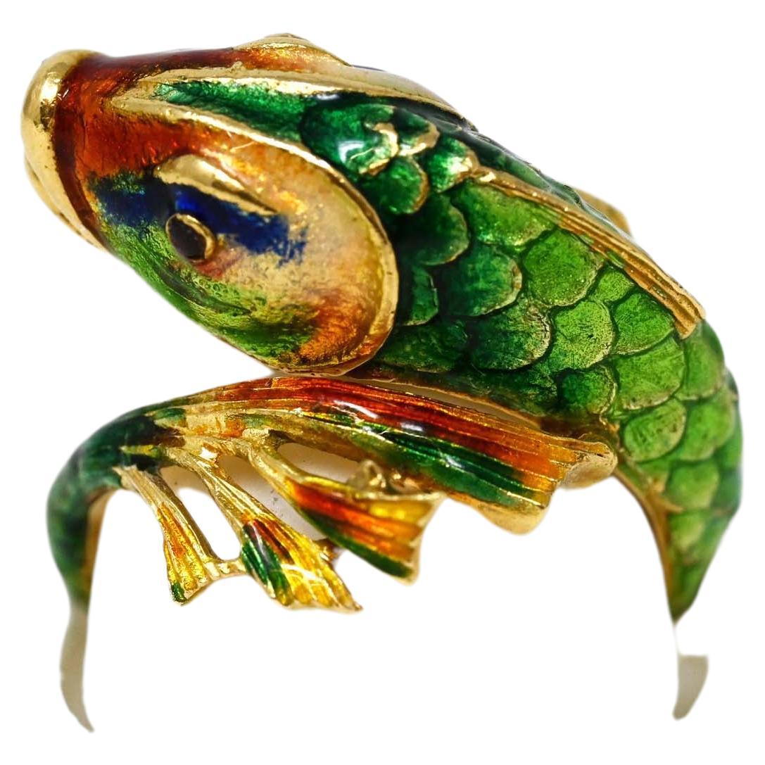 14k Gold & Enamel Fish Design Ring For Sale