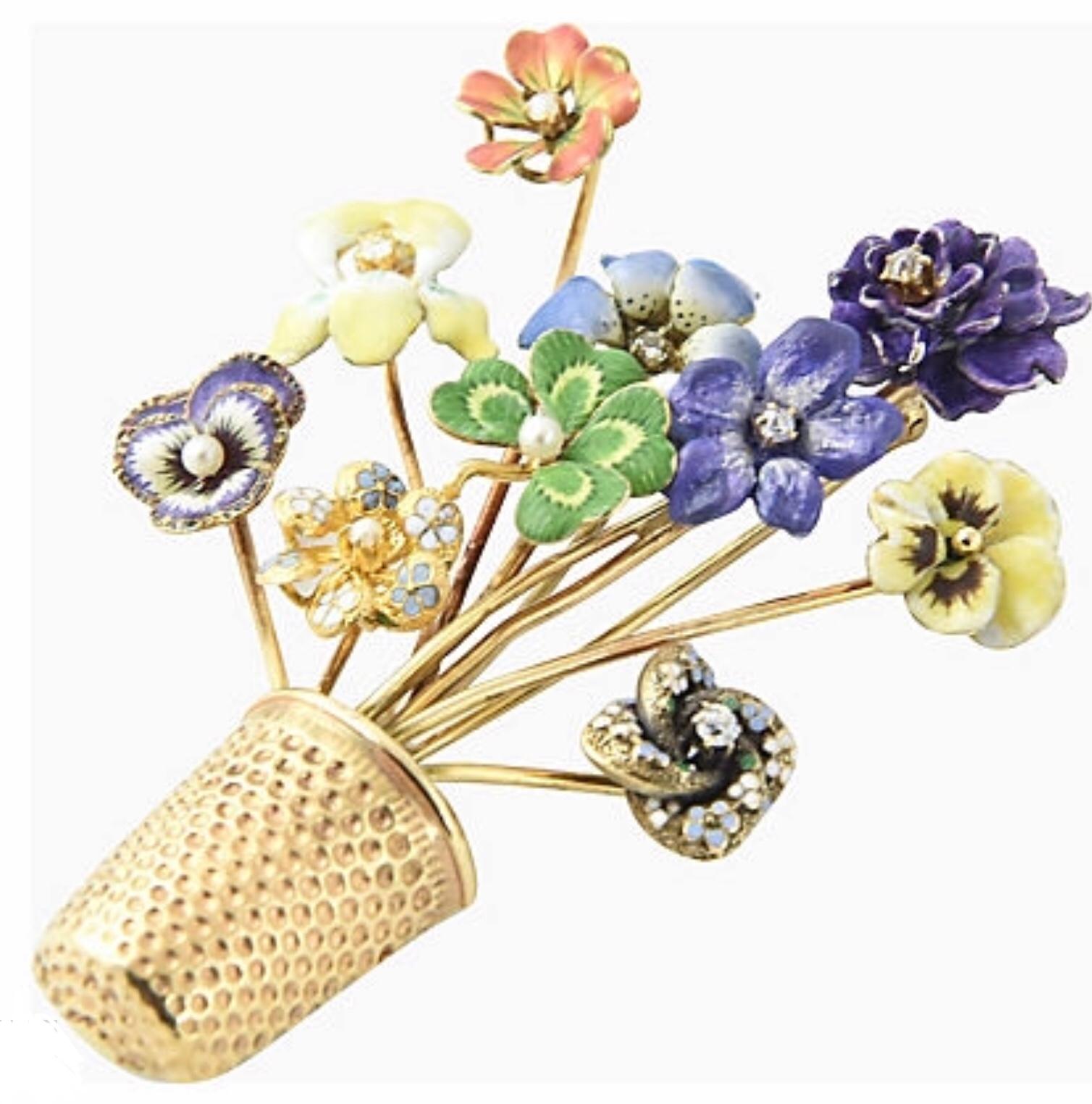 Collection of Victorian enamel stickpins displayed as a bouquet set in a 14K gold thimble. Custom-made in the 1950s, the brooch is made of 14K yellow gold with multicolor enamel, diamonds, and pearls. Minor enamel damage, visible on blue flower.