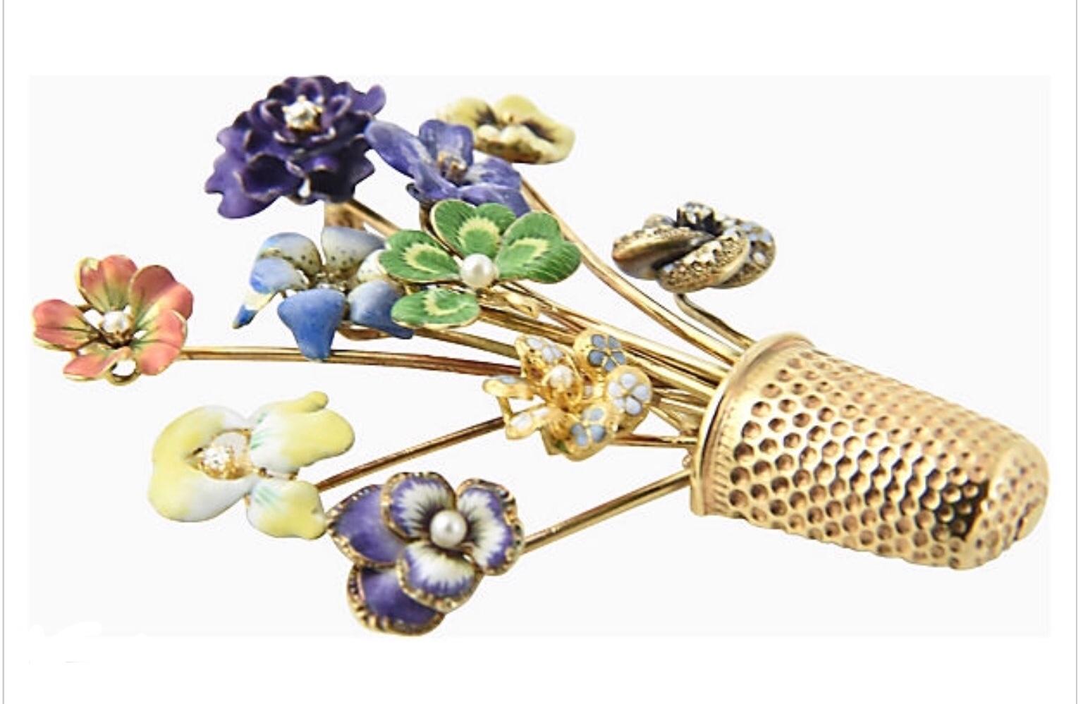 Women's or Men's 14 Karat Gold and Enamel Flower Brooch, circa 1950