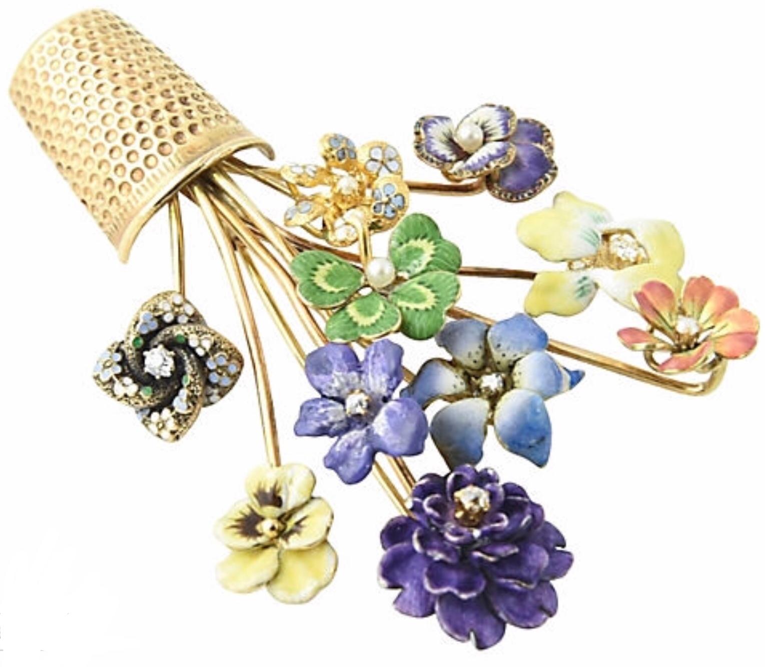 14 Karat Gold and Enamel Flower Brooch, circa 1950 1