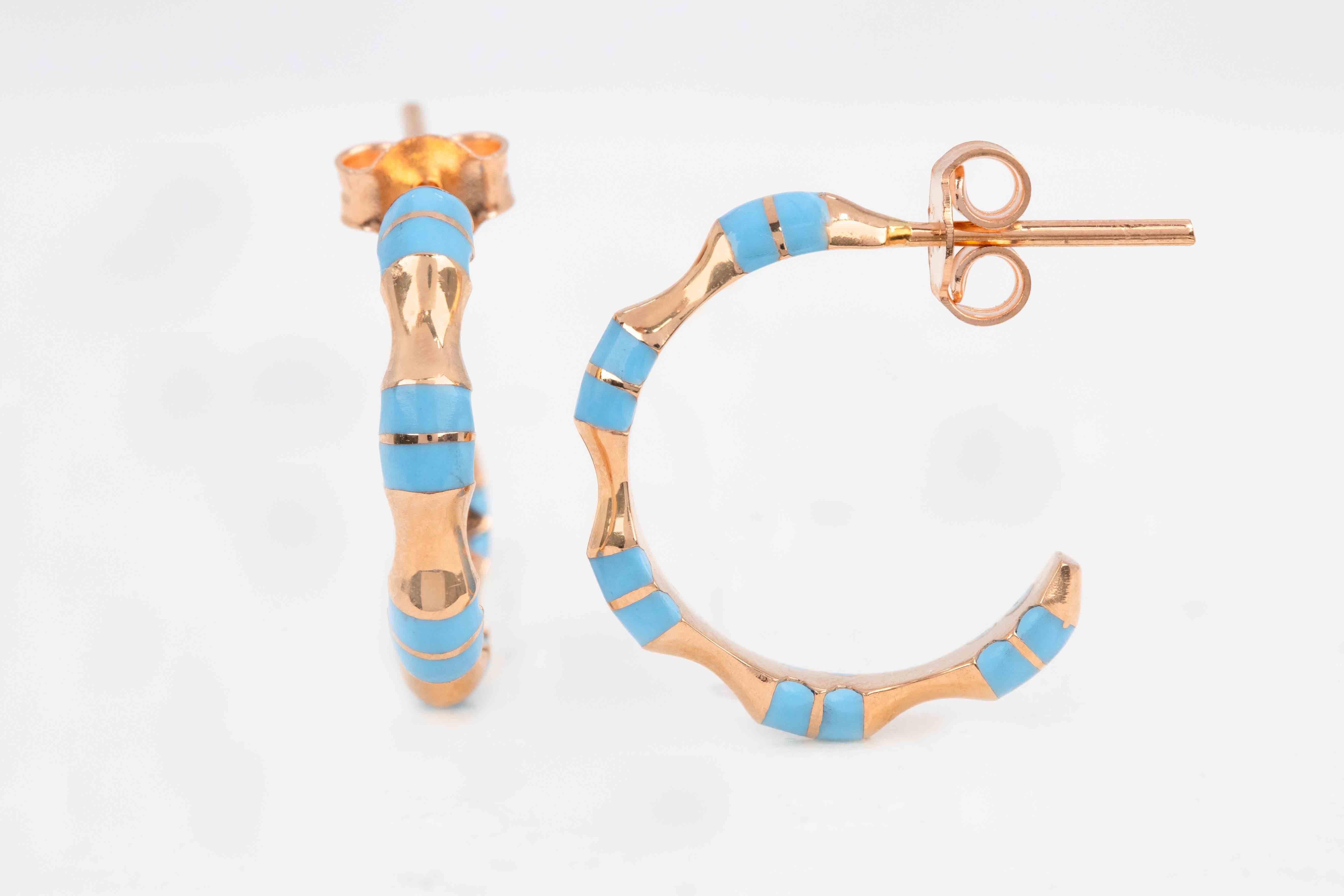 14K Gold Enamel Hoop Earrings, Solid Gold C Shaped Earrings,Rose Gold and Turquoise Enameled Half Hoop Hoop Earrings

This earrings was made with quality materials and excellent handwork. I guarantee the quality assurance of my handwork and