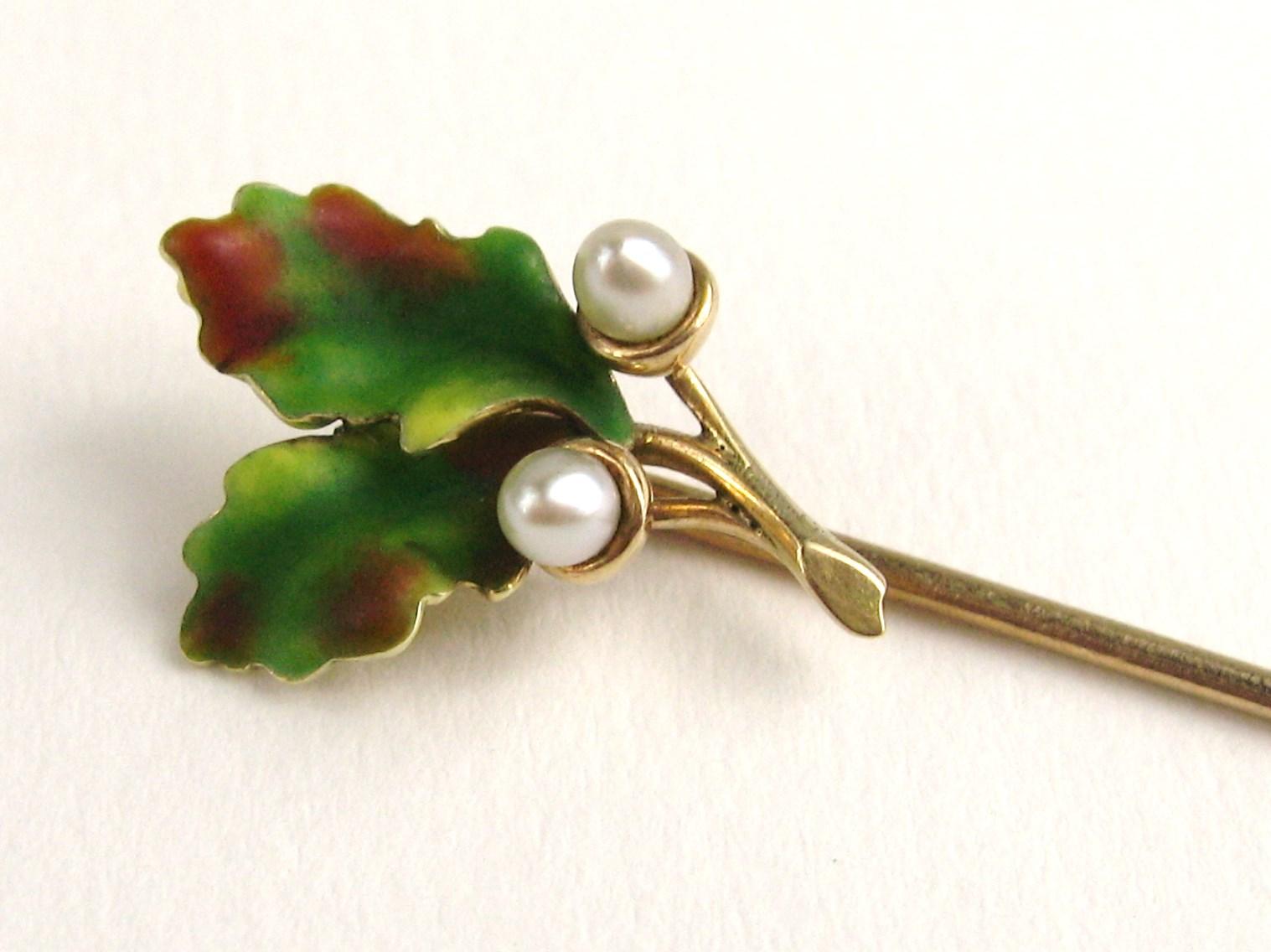 14 Karat Gold Enamel Leaf and Seed Pearl Stick Pin For Sale at 1stDibs
