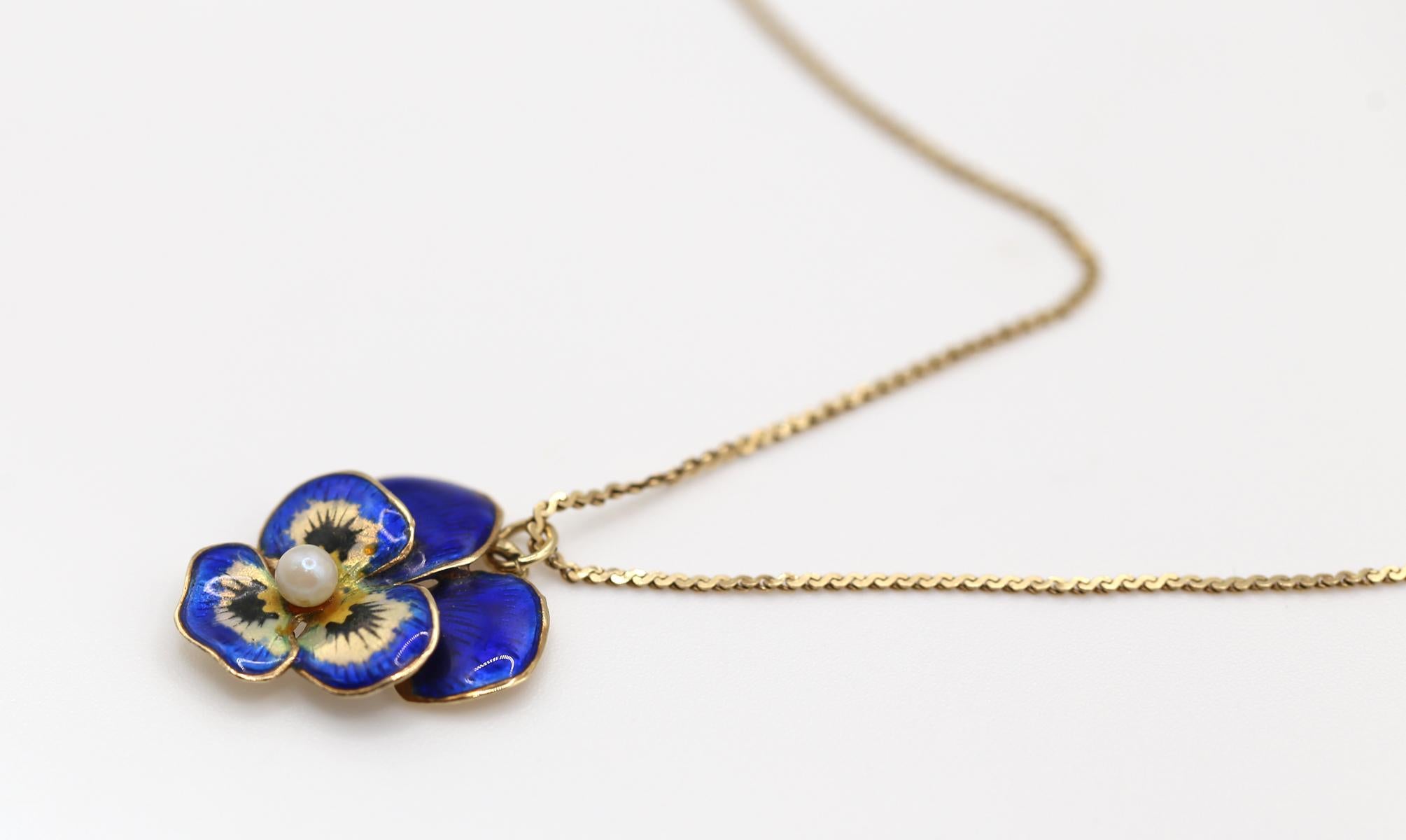 da uomo o donna Collana con ciondolo a forma di viola del pensiero in oro 14K, 1930 in vendita