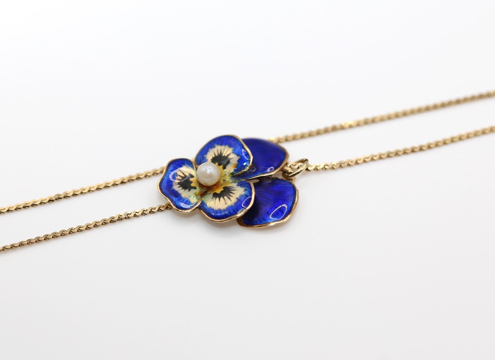 Collana con ciondolo a forma di viola del pensiero in oro 14K, 1930 in vendita 4