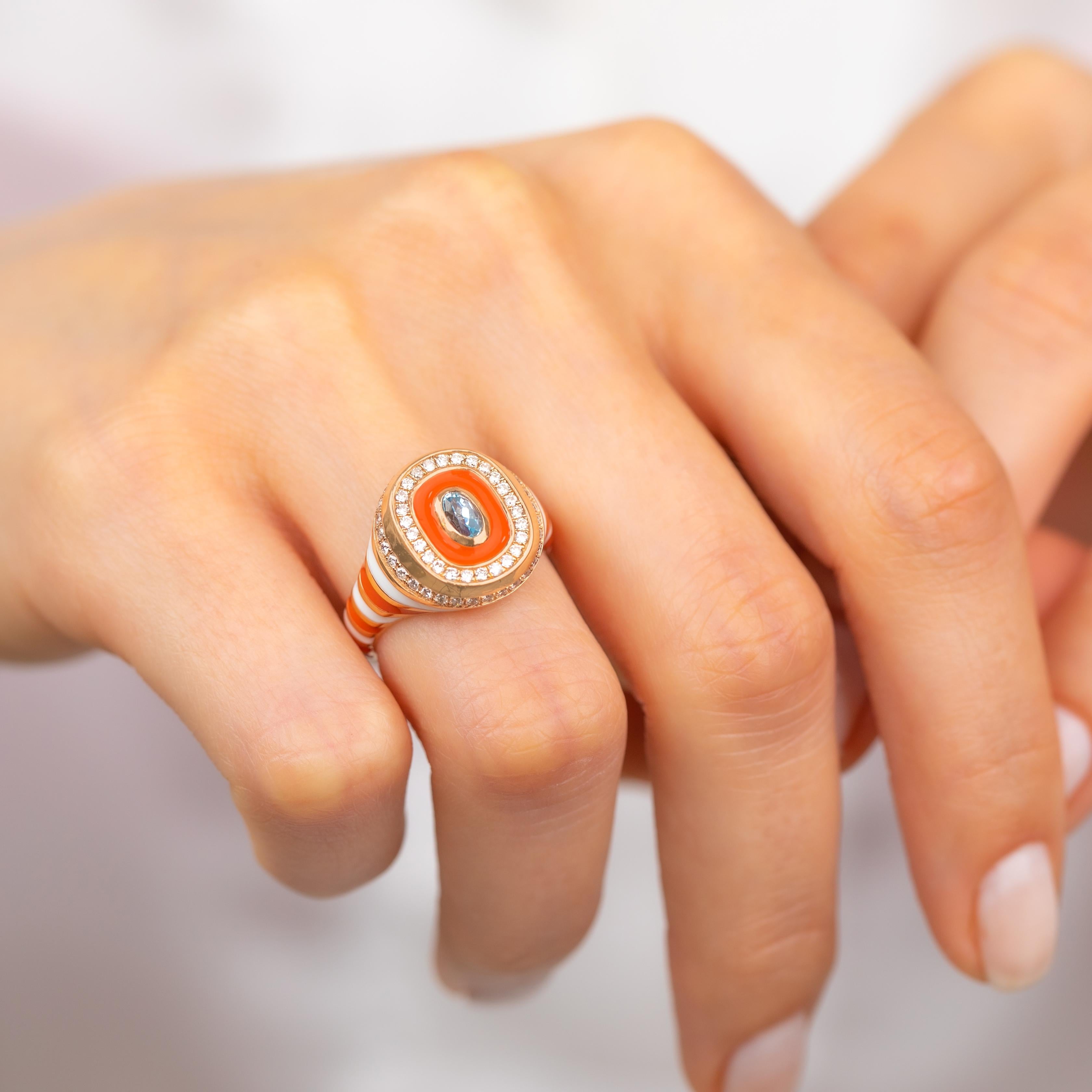 14K Gold Enamel Ring: Colorful Handmade Jewelry, Statement Piece, Unique Design For Sale 4
