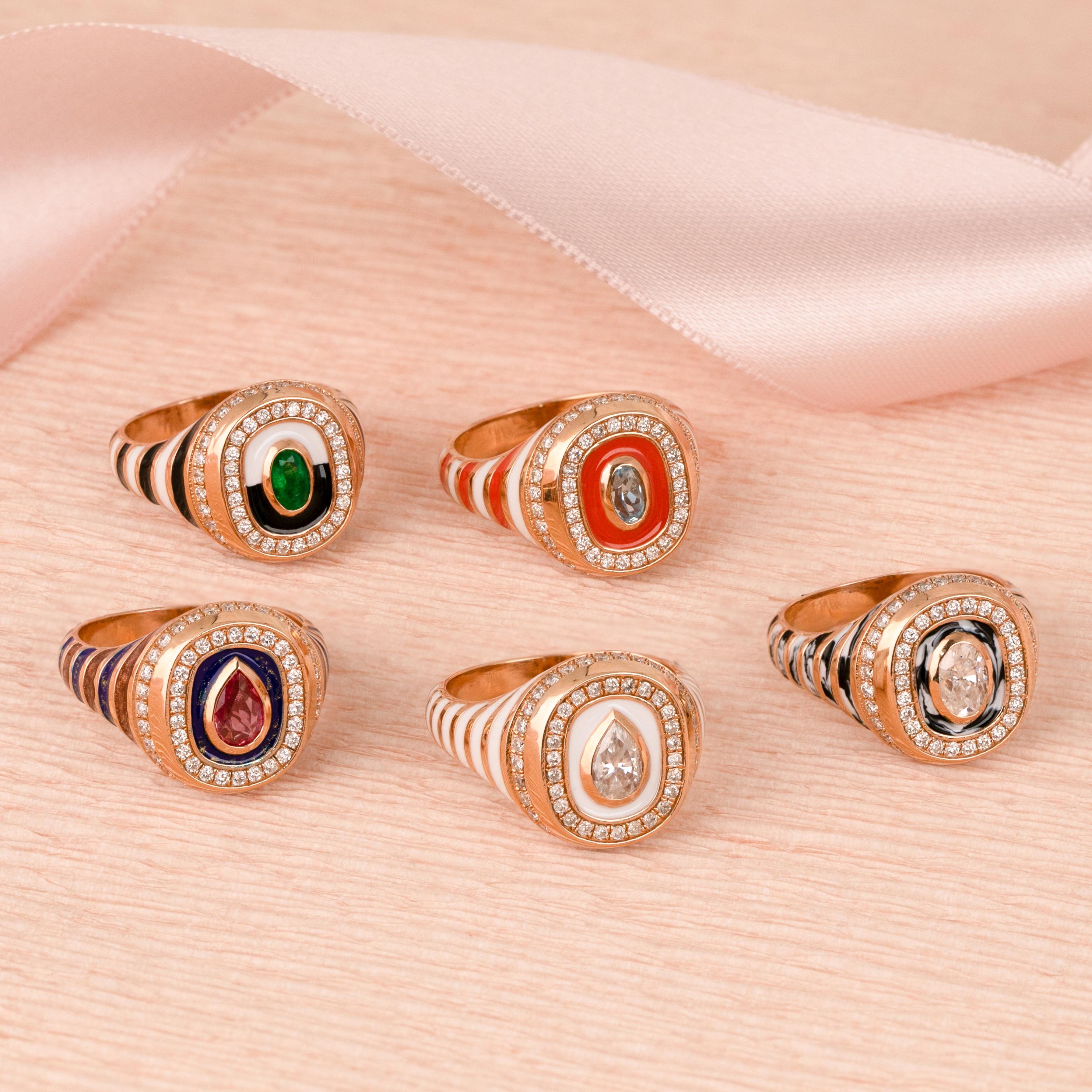 14K Gold Enamel Ring: Colorful Handmade Jewelry, Statement Piece, Unique Design For Sale 2
