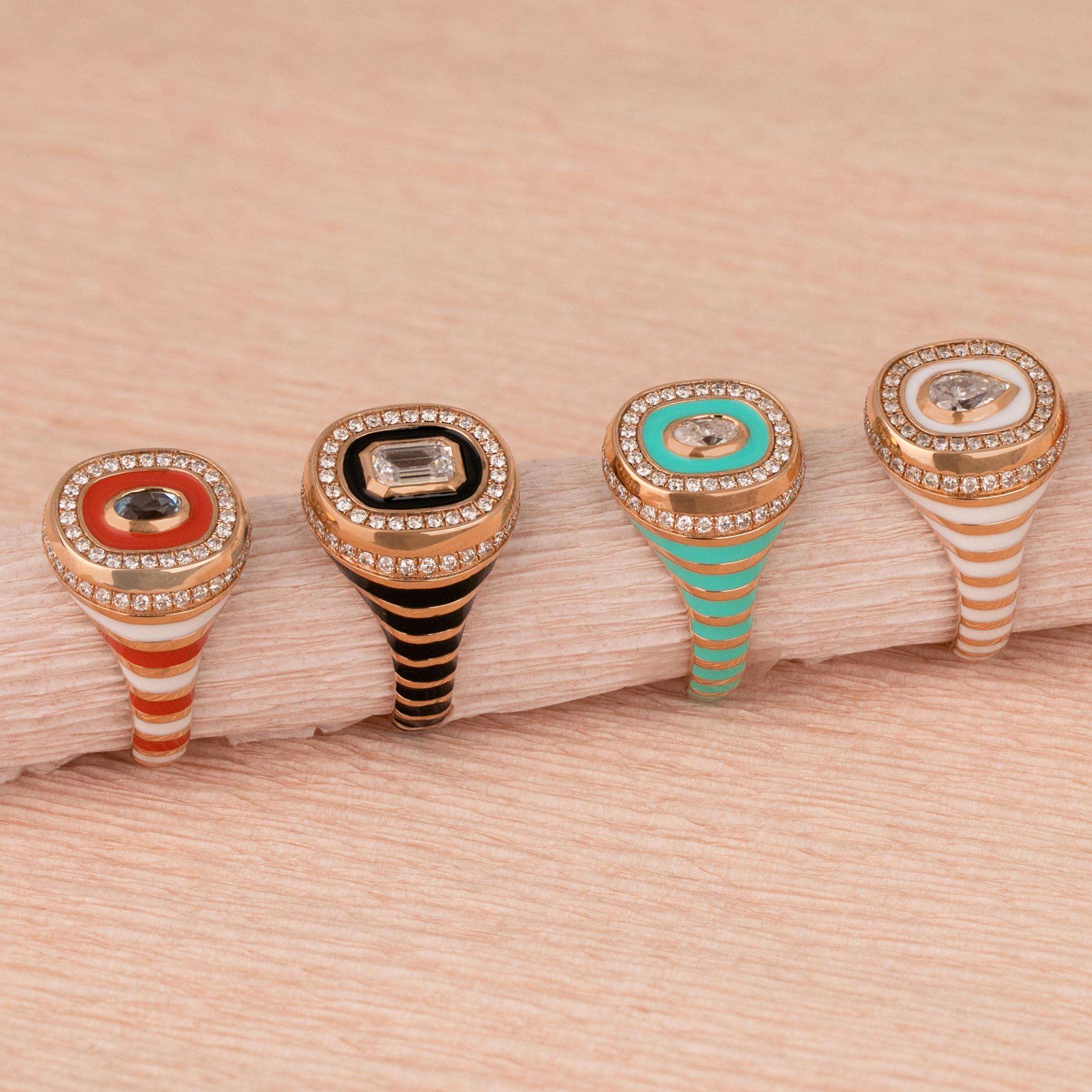 14K Gold Enamel Ring: Colorful Handmade Jewelry, Statement Piece, Unique Design For Sale 3
