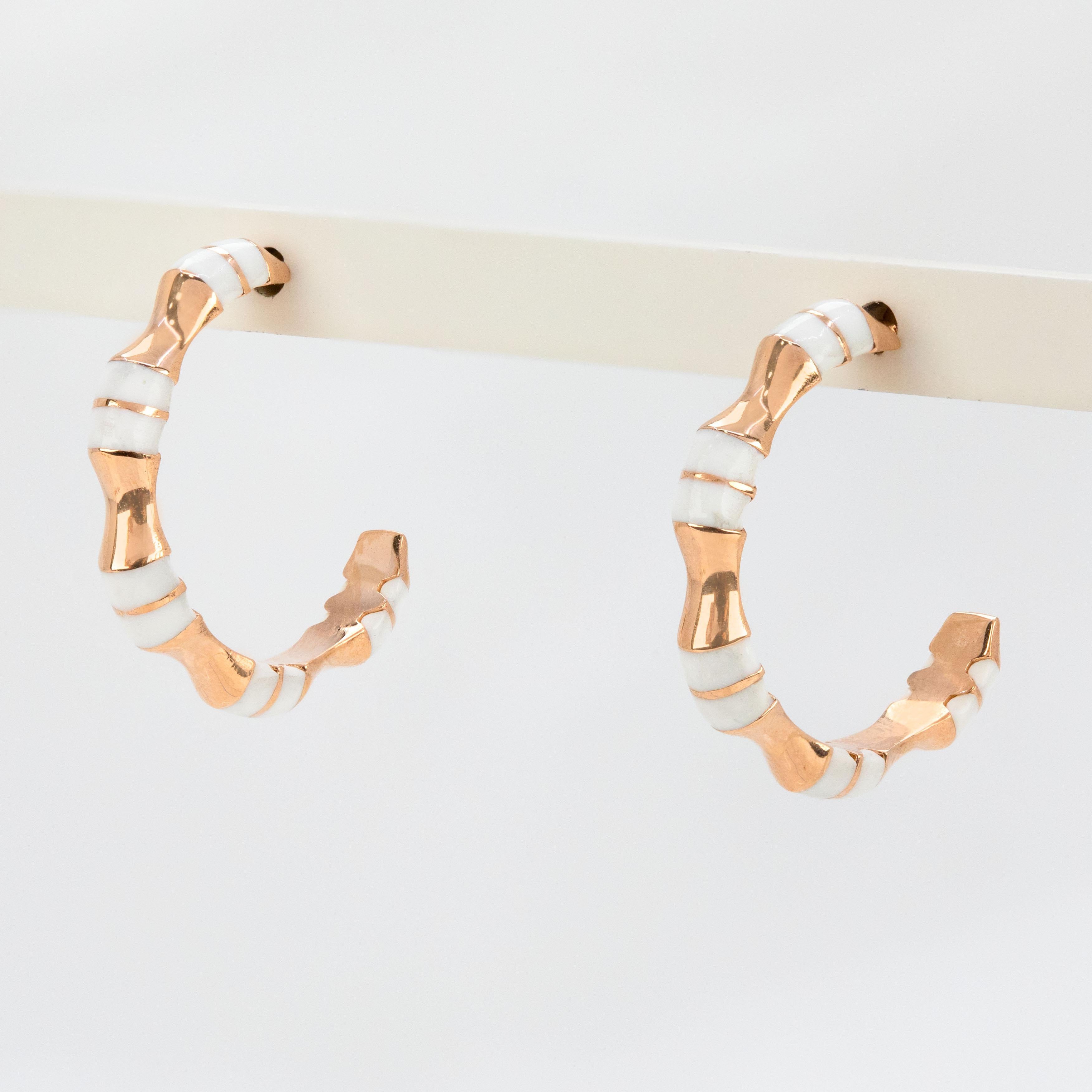 Women's 14K Gold Enameled Circle Earrings, Solid Gold C Shaped Earrings For Sale