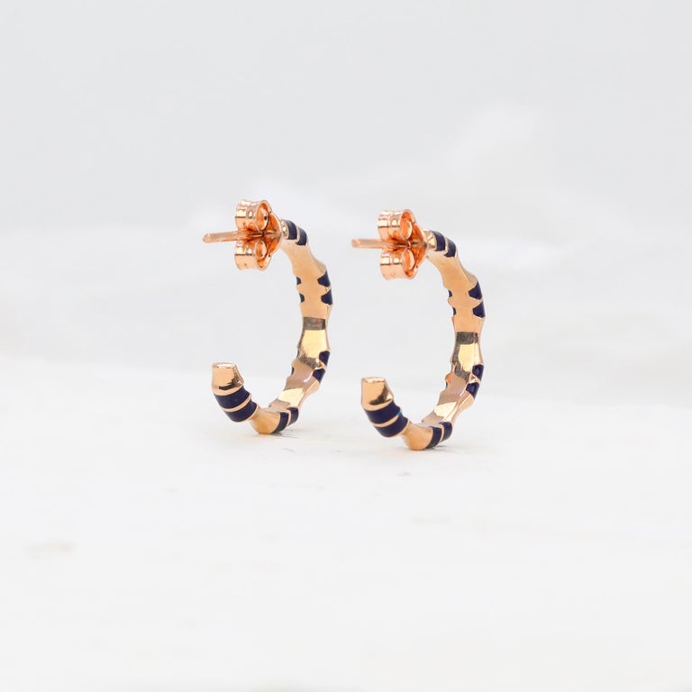 14K Gold Enameled Circle Earrings, Solid Gold C Shaped Earrings For ...