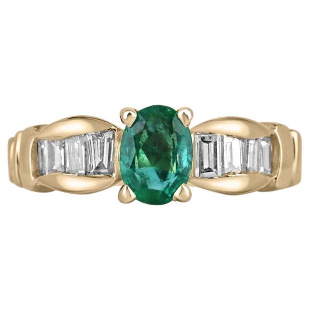 14K Gold Verlobungsring 1,22tcw Dunkelgrüner ovaler Smaragd & Baguette-Diamanten