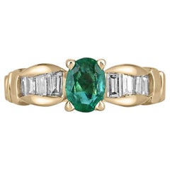 Anillo de compromiso de oro de 14 quilates 1,22 qt Esmeralda ovalada verde oscuro y diamantes baguette