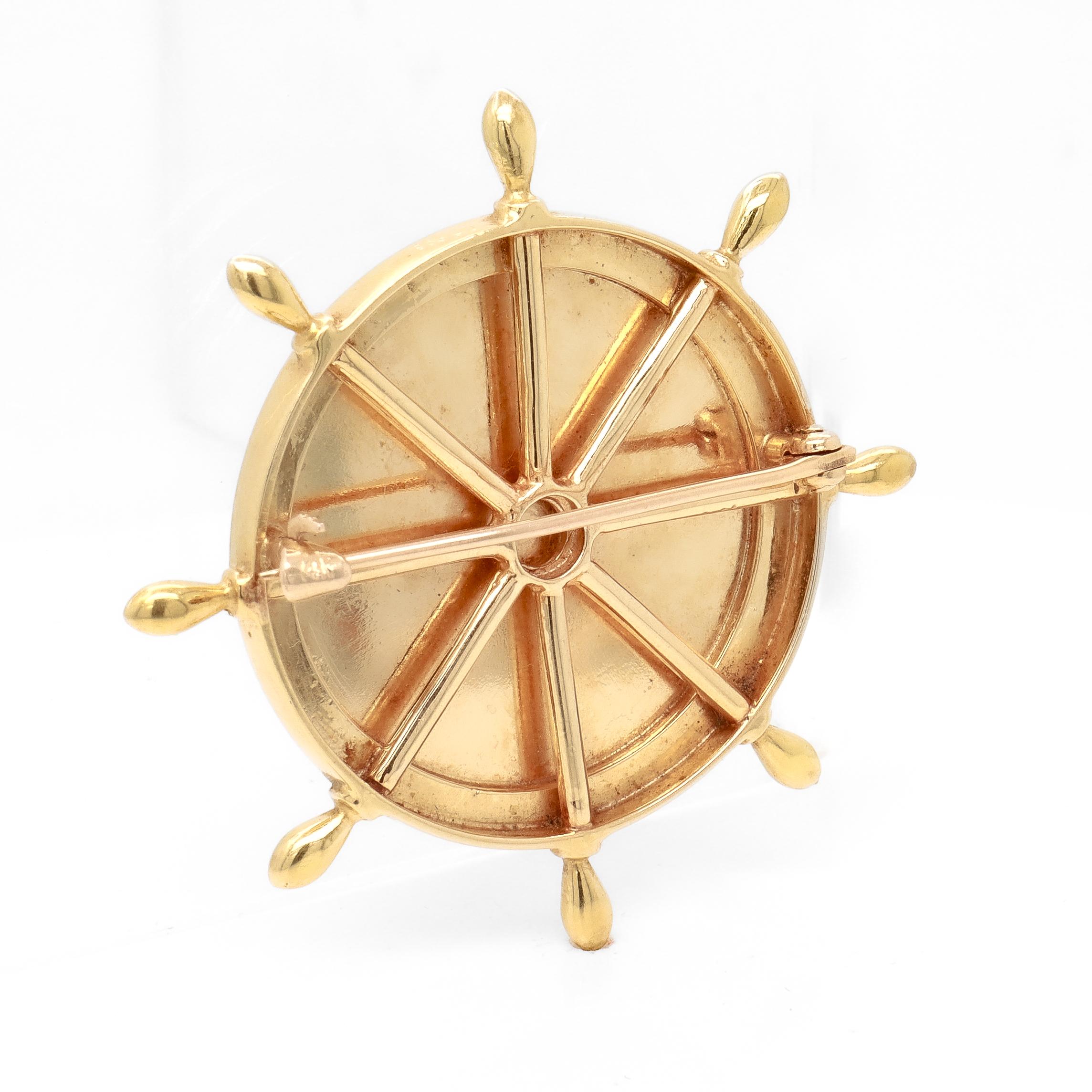 Broche de oro de 14 quilates y cristal de Essex con forma de rueda de barco y velero en el mar en venta 7
