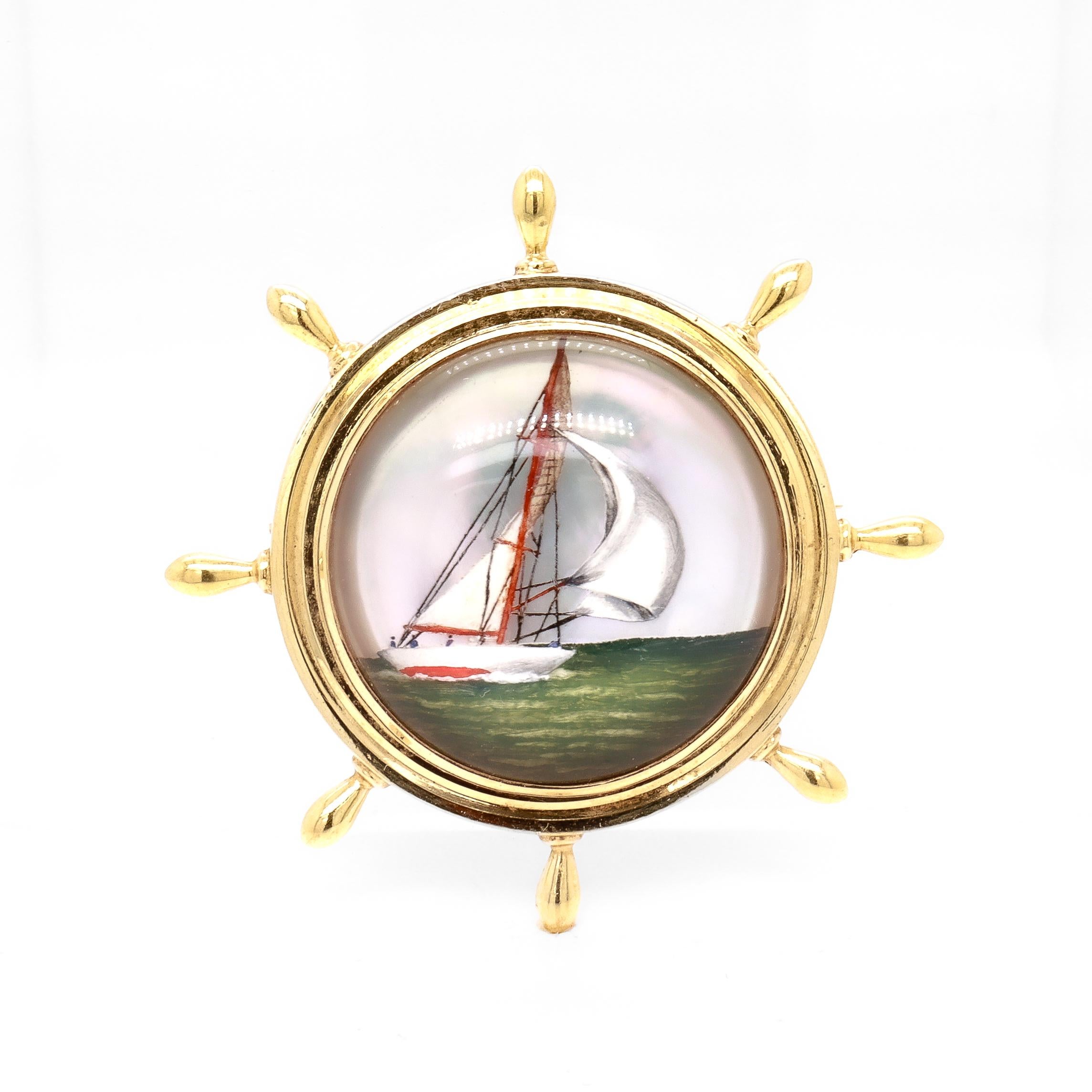 Femenino o masculino Broche de oro de 14 quilates y cristal de Essex con forma de rueda de barco y velero en el mar en venta