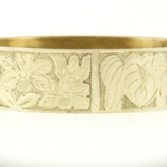 14k Gold Etched Engraved Slip on Hawaii Turtle Flowers Bangle Bracelet
