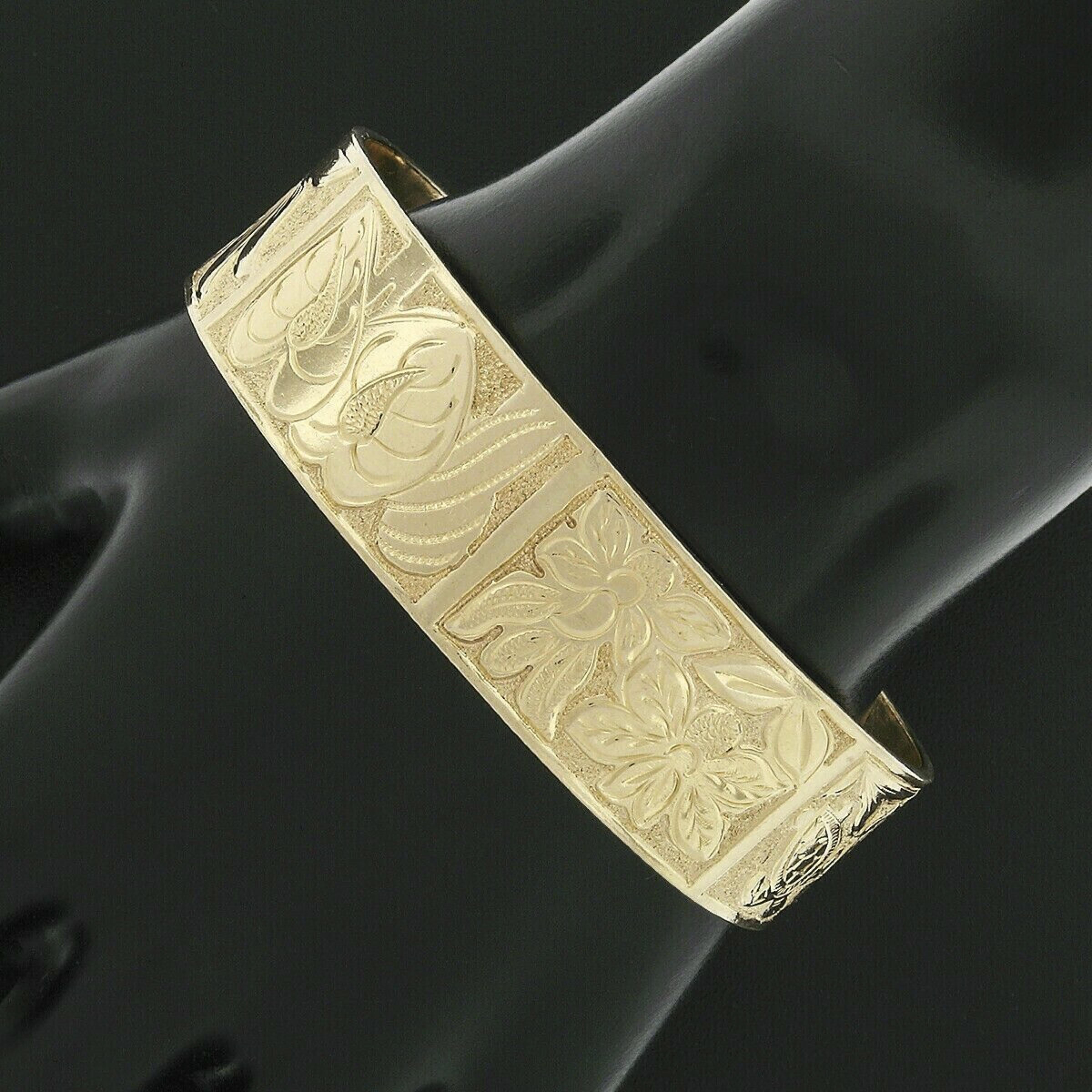 14k Gold Etched Engraved Slip on Hawaii Turtle Flowers Bangle Bracelet 1